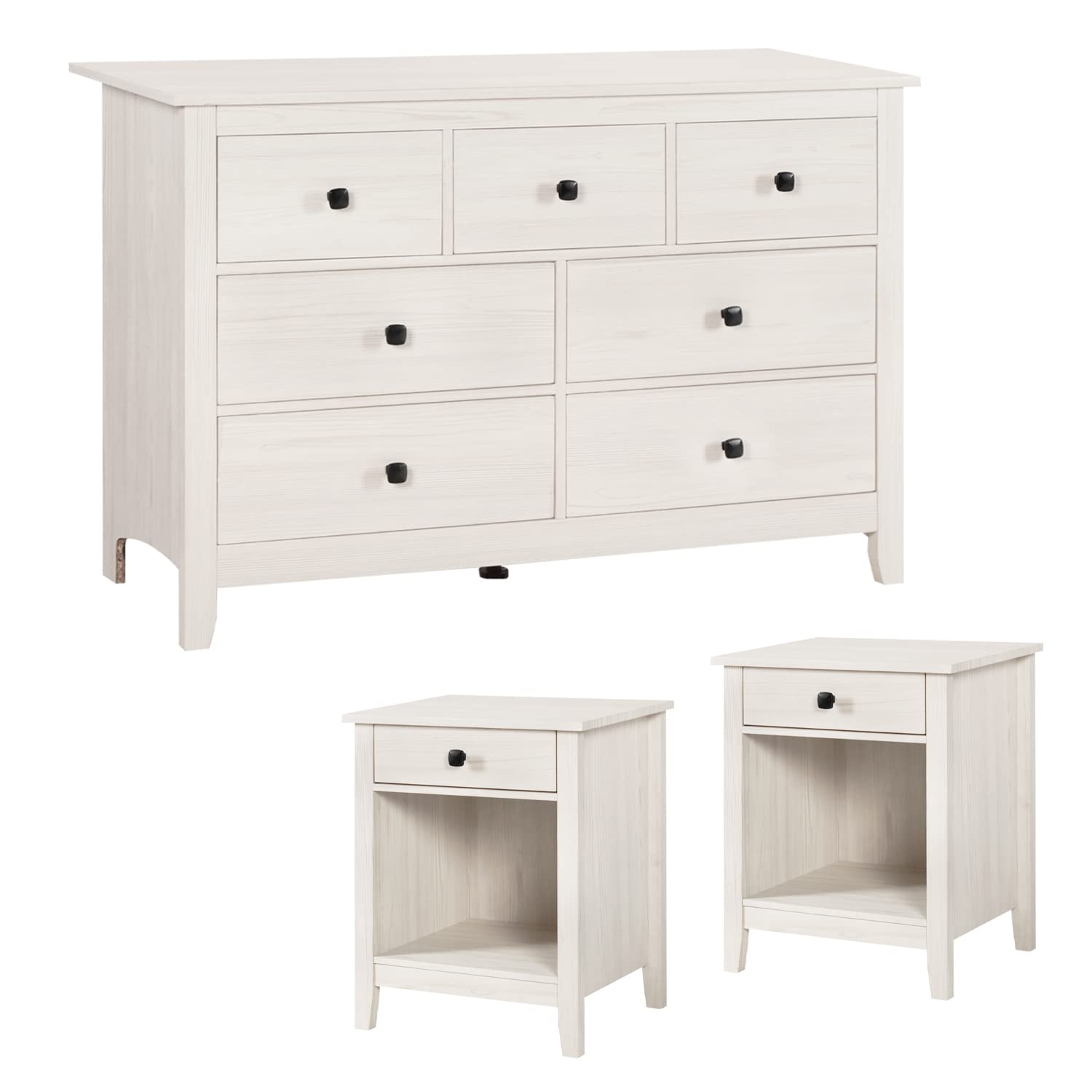 LTMEUTY 3-Piece Farmhouse Bedroom Set - White Oak Wood Grain Dresser & Nightstands, 7-Drawer Storage Dresser with Matching Nightstands for Master Bedroom, Guest Room or Nursery | Rustic Bedroom Furniture Collection