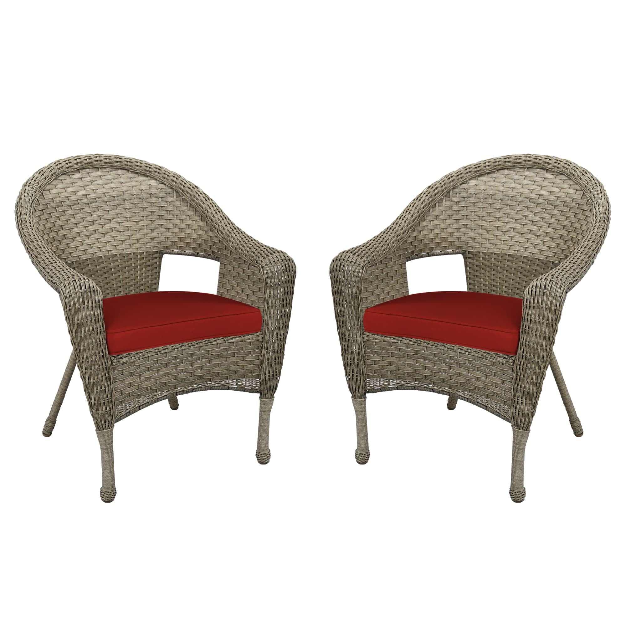 Jeco W00402G_2-FS018 Set of 2 Outdoor Resin Wicker Clark Single Chairs with Grey Frame & Brick Red Cushions - Patio, Garden, Poolside Furniture for Relaxing