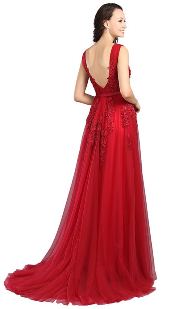 Honeydress Women's Beaded Lace Sexy Backless Long Evening Dress with Train - Perfect for Prom, Gala, Wedding & Formal Events