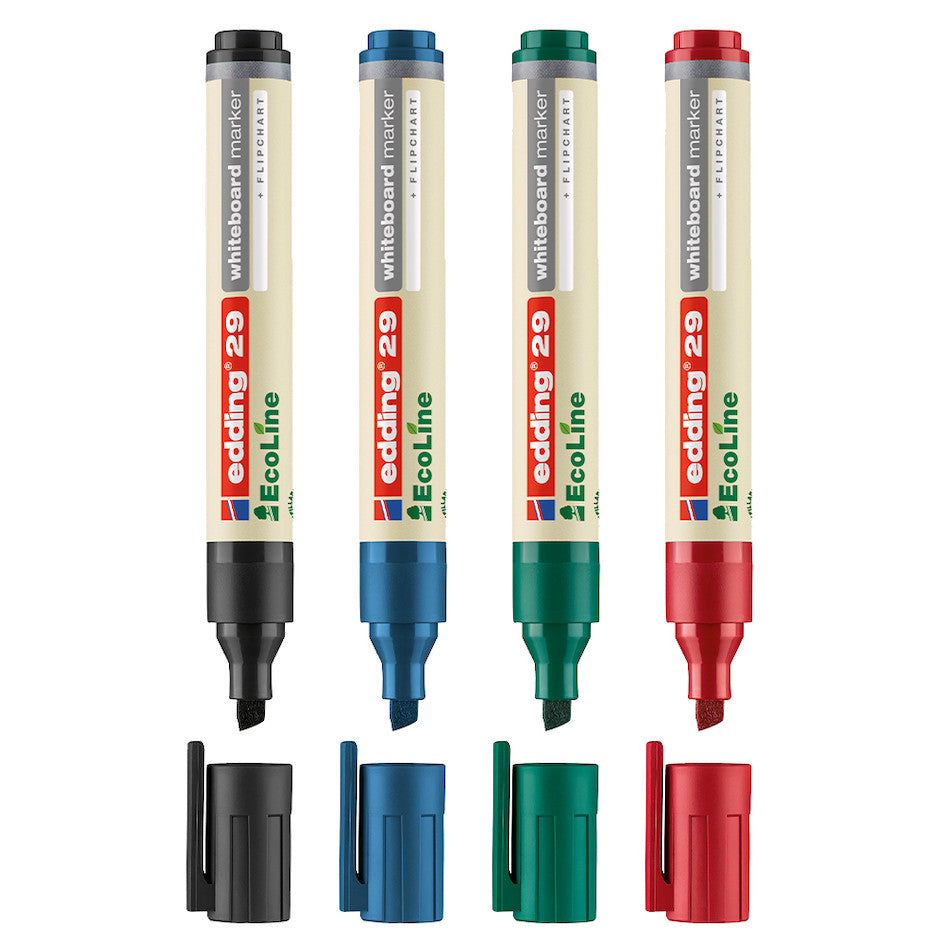 edding EcoLine 29 Whiteboard Markers - Set of 4 Non-Toxic Dry Erase Markers for Classroom, Office & Home Use - Low Odor Chisel Tip Markers for Whiteboards, Glass & Smooth Surfaces