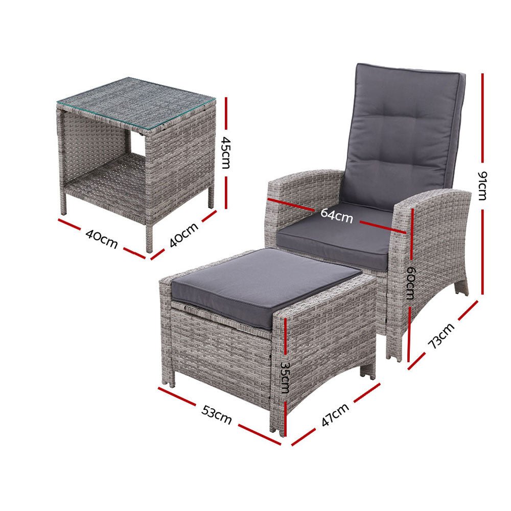 3-Piece Elise Outdoor Recliner Chair with Ottoman and Side Table Set - Grey Patio Furniture for Backyard, Poolside & Garden Relaxation