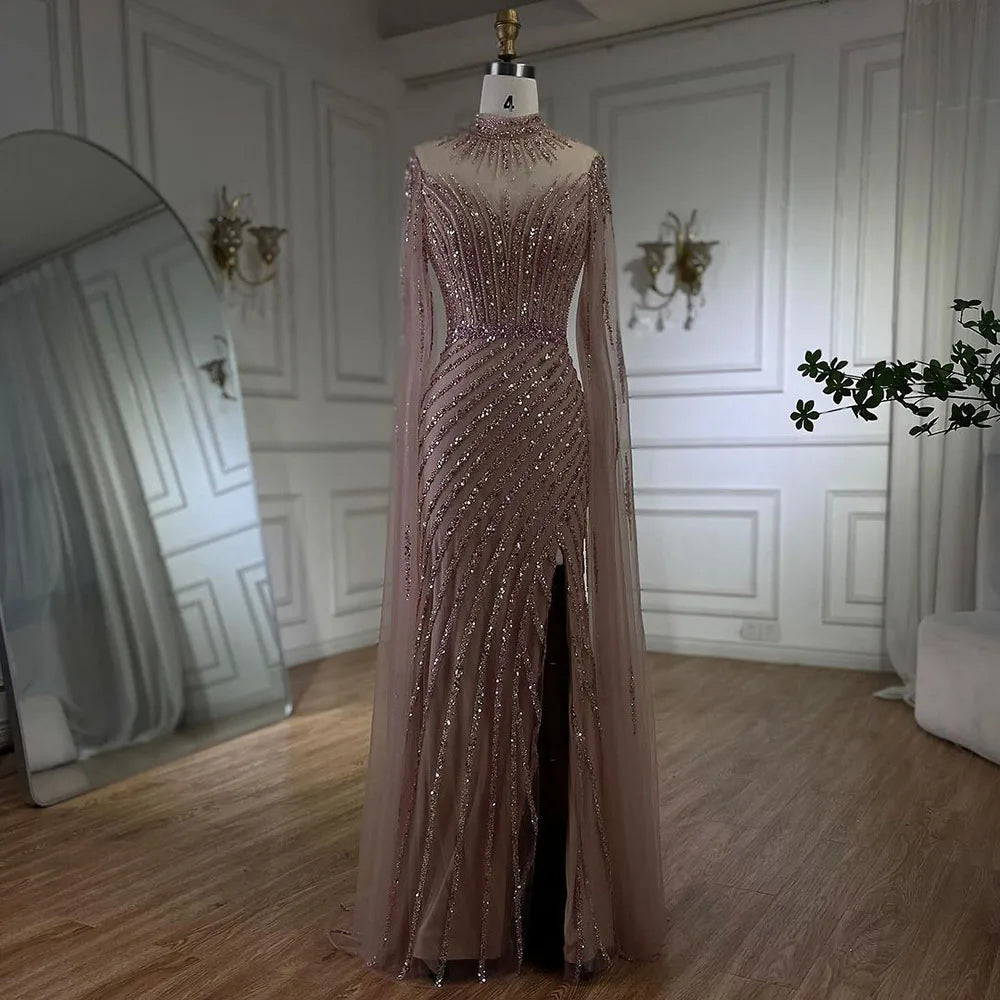 Elegant Pink Cape Sleeves Mermaid Evening Gown with Beaded Details - Luxury Dubai Style Long Dress for Women | Wedding, Party & Special Occasions 2025 LA72449