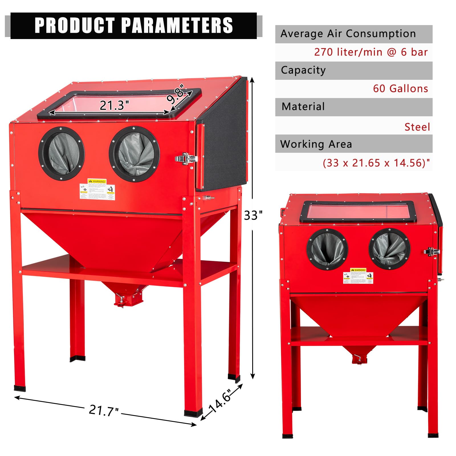 MOTORHOT 60 Gallon Air Sandblasting Cabinet - Large Steel Sand Blaster Kit with Sandblaster Gun & 4 Ceramic Nozzles (60-125PSI) for Rust, Paint & Stain Removal - Perfect for Auto Restoration, Metal Cleaning & DIY Projects