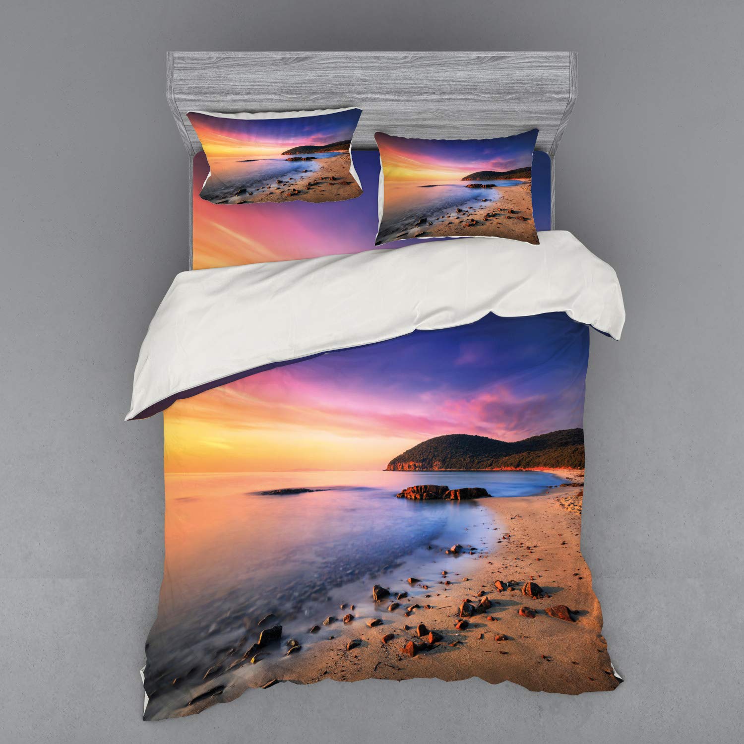 Ambesonne Beach Themed Bedding Set - Mediterranean Sunrise with Pebbles Print, 4-Piece Duvet Cover Set with Shams & Fitted Sheet, Queen Size, Multicolor - Perfect for Coastal Decor & Vacation Home Bedrooms