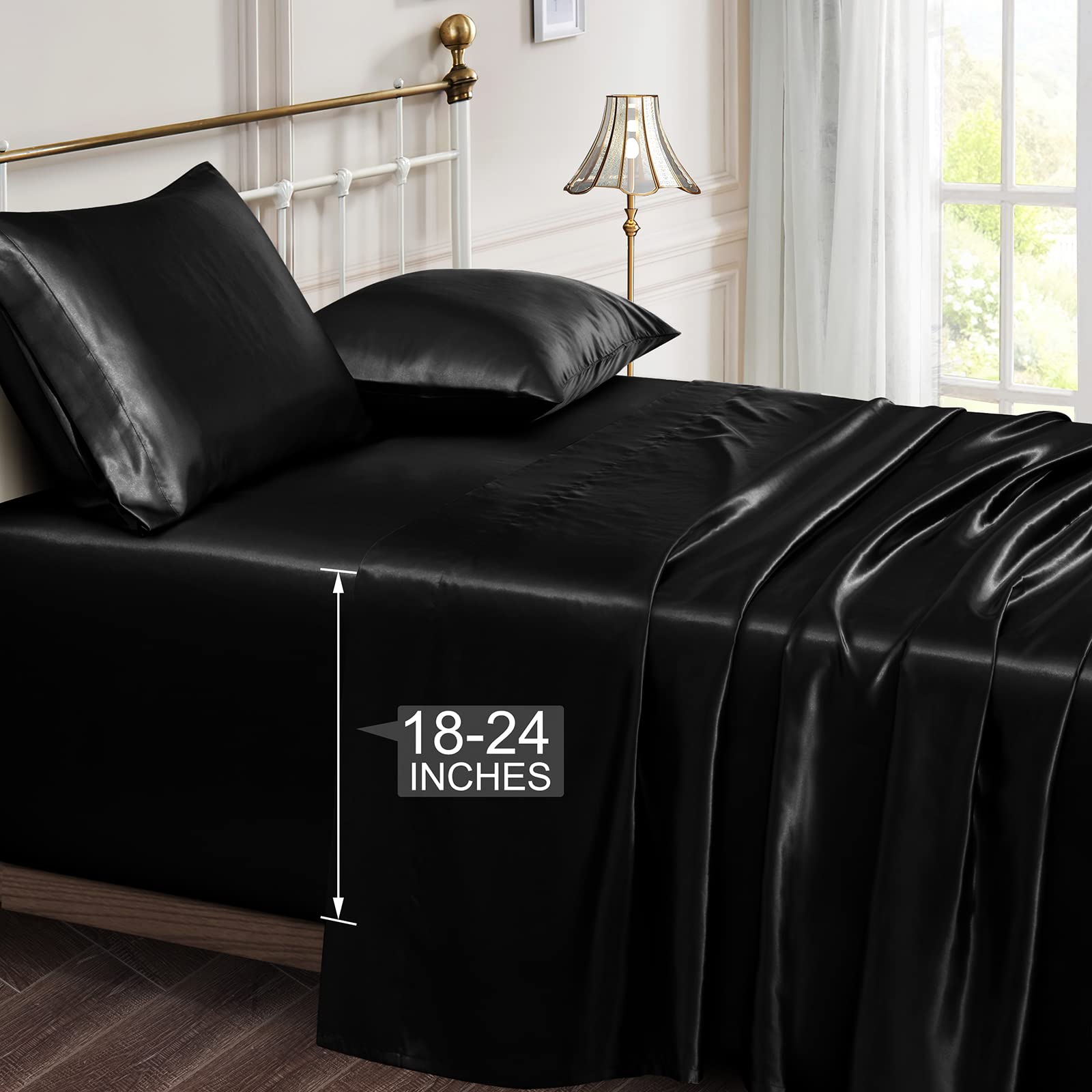 Vonty Cooling Satin Queen Sheet Set - 4 Piece Extra Deep Pocket (18-24 Inch) Silky Soft Bed Sheets for Queen Size Mattress | Breathable & Luxurious Black Satin Bedding for All Seasons - Perfect for Hot Sleepers, Master Bedrooms & Guest Rooms