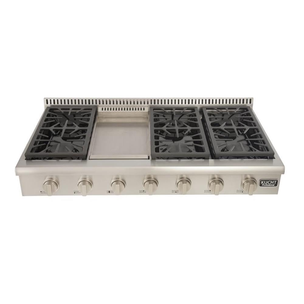 Kucht KRT481GU-S 48 Inch Professional Natural Gas Range Top with Sealed Burners & Stainless Steel Griddle - Classic Silver Knobs | Perfect for Commercial Kitchens, Restaurants & Home Chefs
