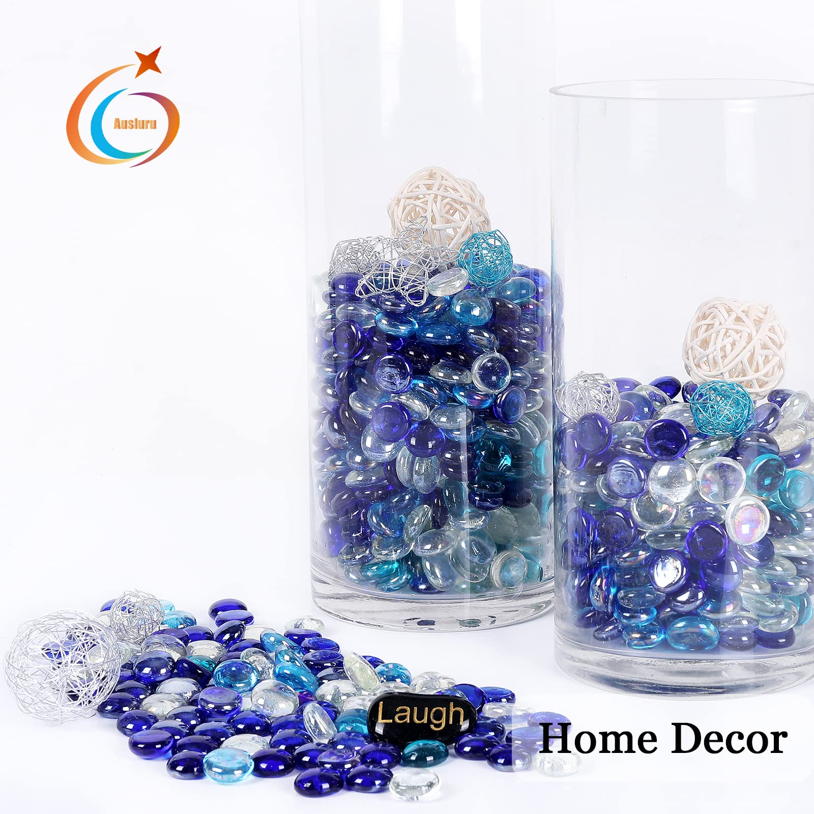 5LB Fire Glass Beads - Flat Glass Marbles for Fire Pit & Fireplace, Vase Filler, Aquariums, Hydroponics - Blue Mixed Gems for Home Decor, Christmas DIY Crafts & Outdoor Entertaining