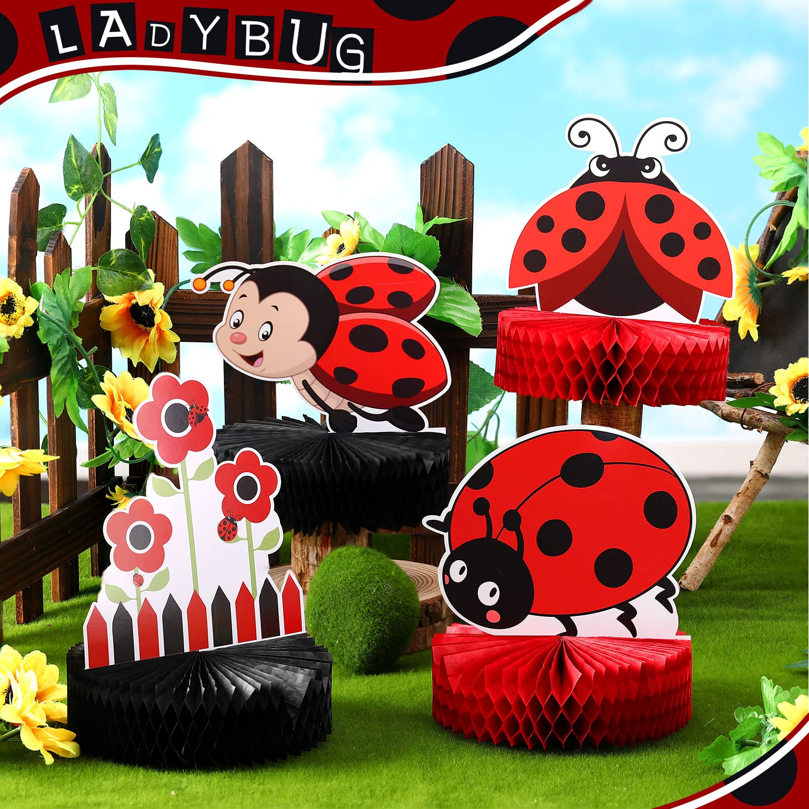 9-Piece Ladybug Party Honeycomb Centerpieces Kit - Ladybug Themed Birthday & Baby Shower Decorations, Paper Centerpiece, Cake Ball Toppers - Perfect for Table Decor, Kids Parties & Themed Events