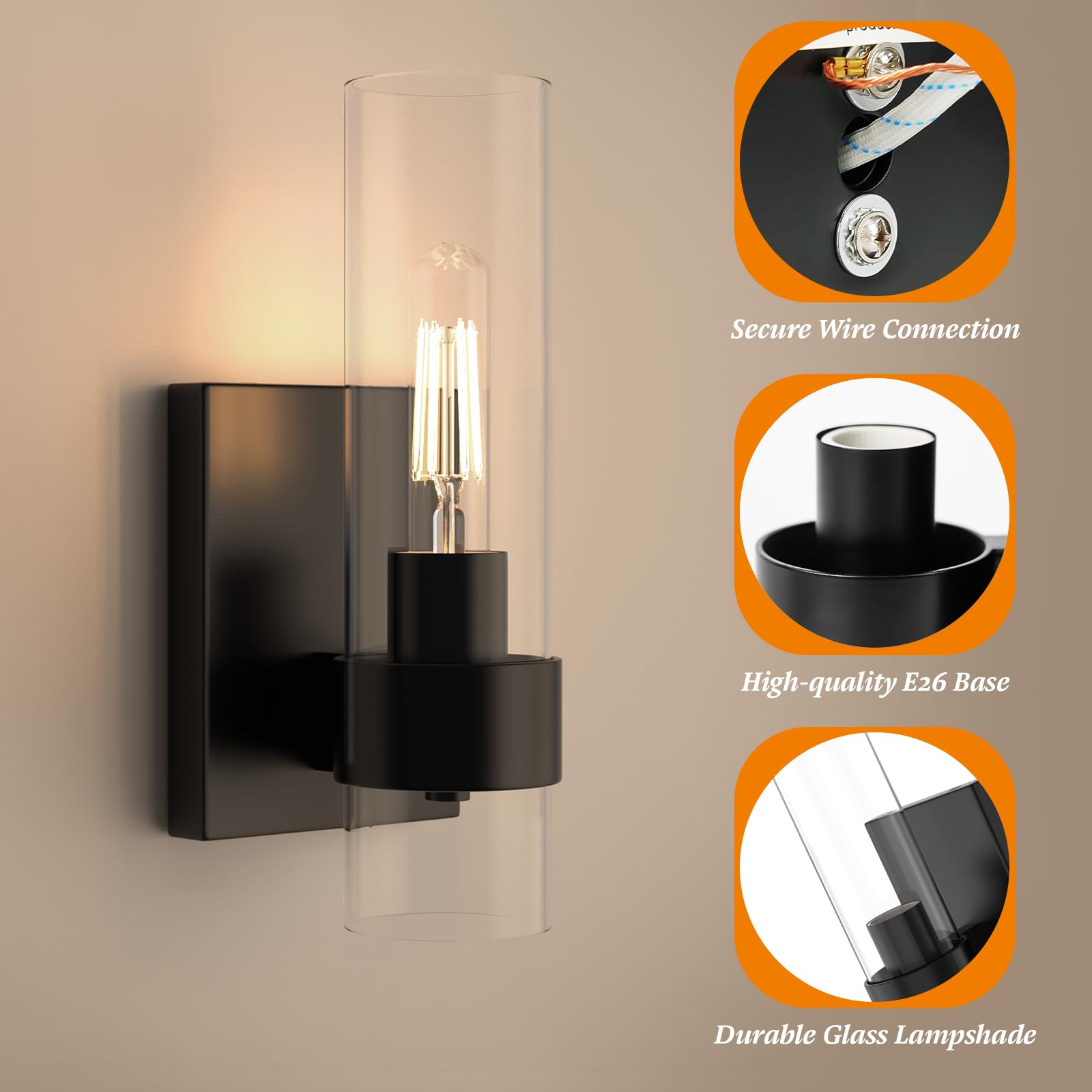 Zevluck 1-Light Modern Wall Sconce - Matte Black Bathroom Vanity Light with Clear Cylinder Glass Shade - Hardwired Wall Lamp for Bathroom, Bedroom, Living Room, Stairs & Hallway - Perfect for Ambient Lighting and Home Decor