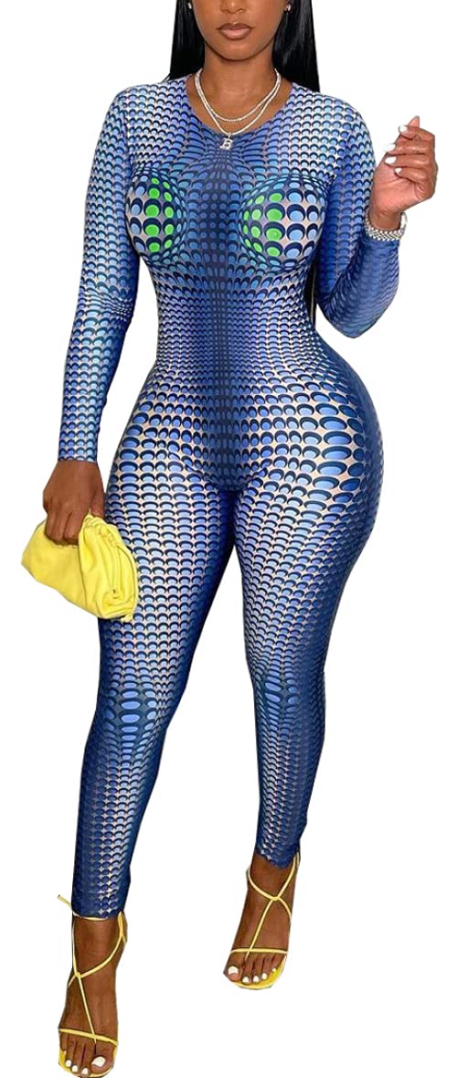 THLAI Women's Long Sleeve Jumpsuit - Round Neck Floral Print Bodycon Romper with Leggings | Casual Outfit for Work, Date Night & Fall Fashion