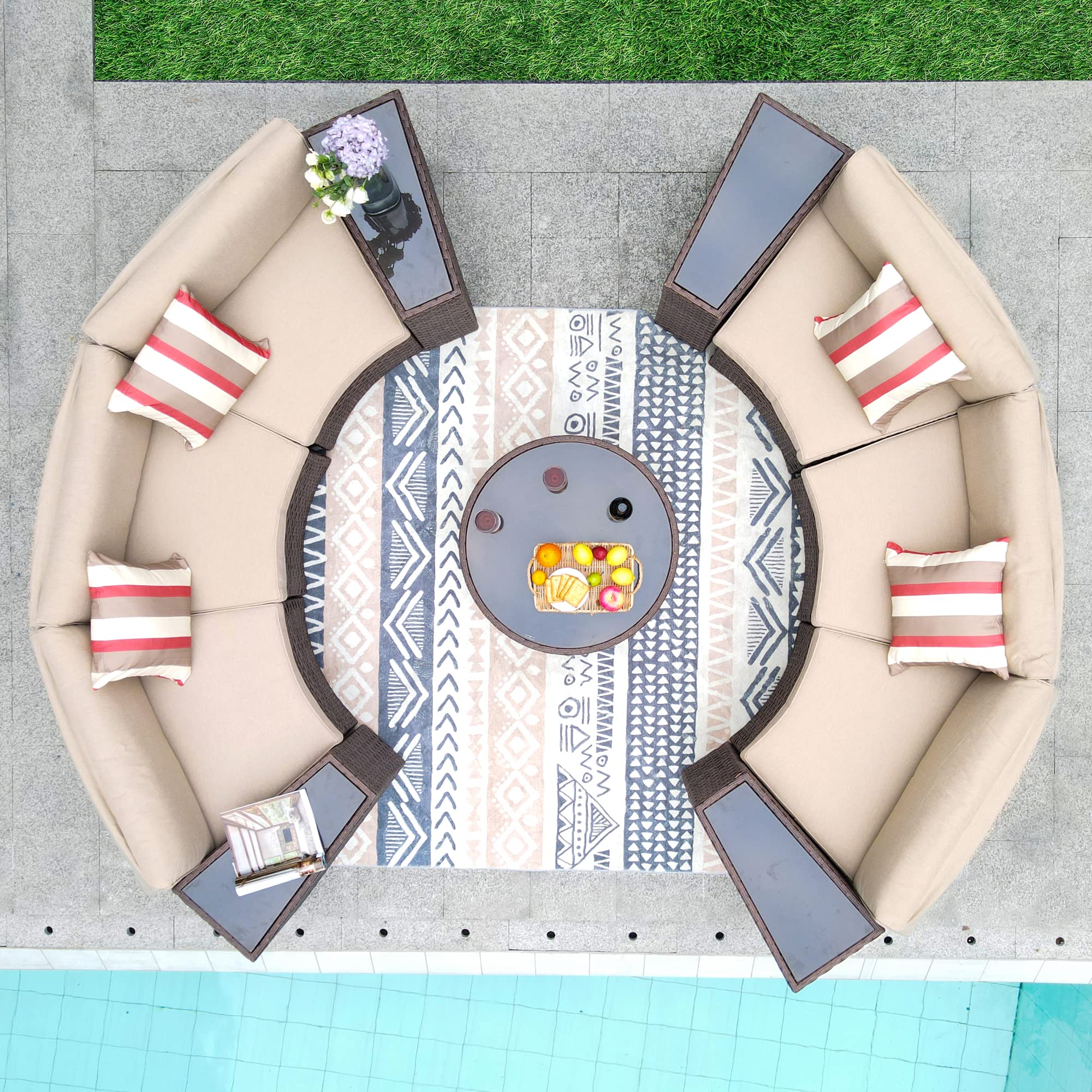 11-Piece Patio Furniture Set - Half Moon Outdoor Sectional Sofa with Round Coffee Table, Brown PE Wicker & Beige Cushions - Perfect for Backyard, Garden, Poolside & Patio Relaxation