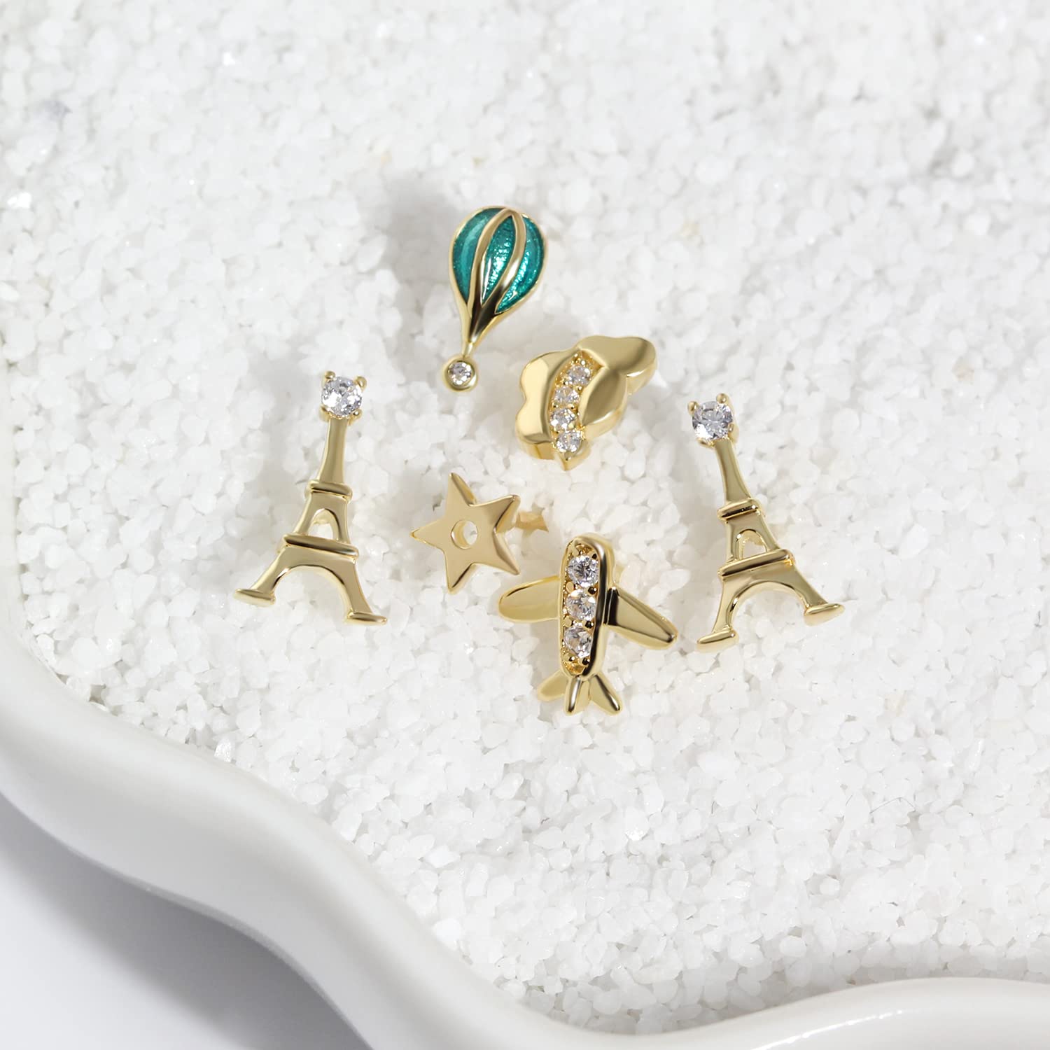925 Sterling Silver/Rose Gold/Gold Eiffel Tower Hot Air Balloon Cloud Star Airplane Stud Earrings Set - Dainty Jewelry for Multiple Piercings | Perfect for Travel Lovers, Gift Giving & Everyday Wear