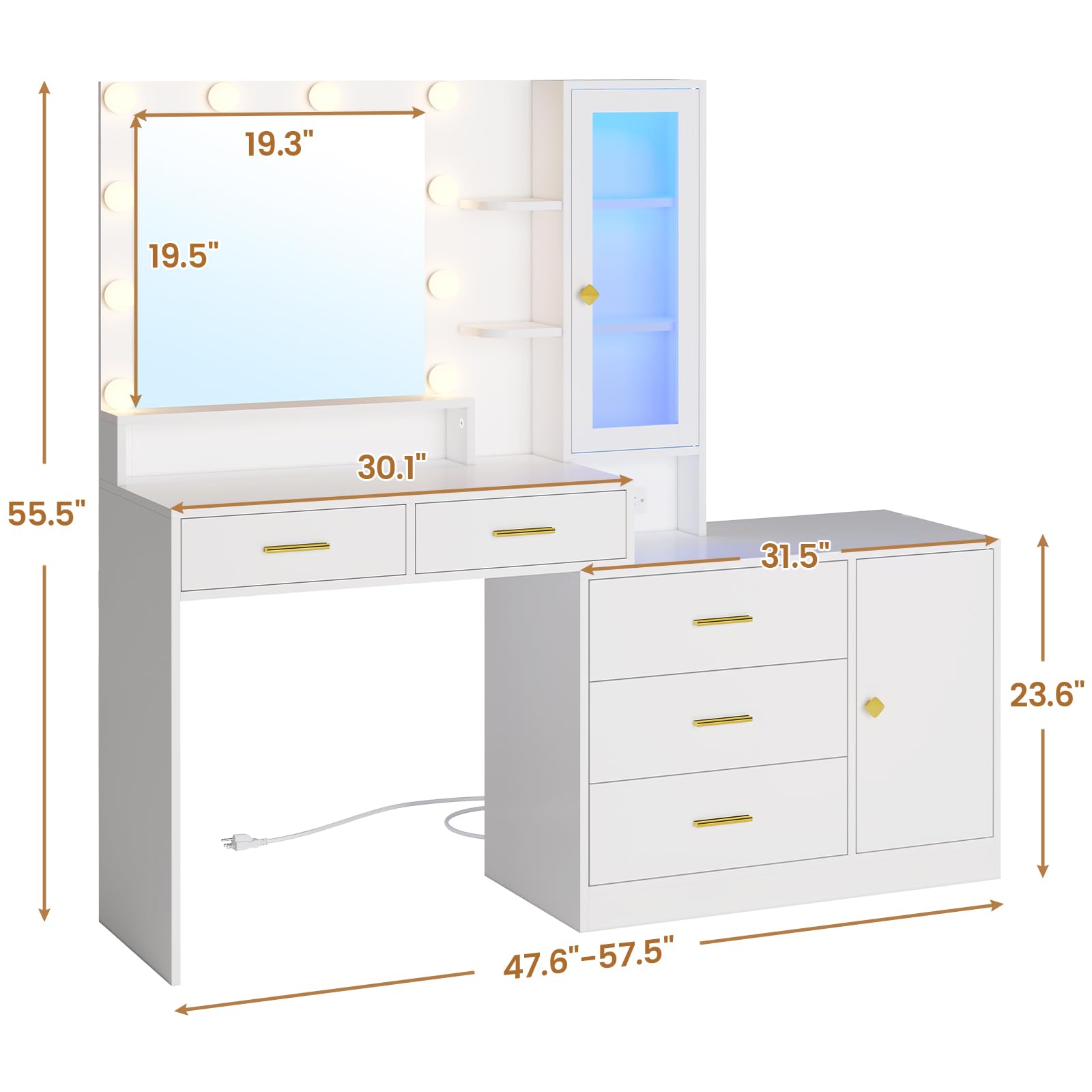 White Makeup Vanity Desk with LED Lights & Mirror - Large Vanity Table Set with 5 Drawers, Storage Shelves, Charging Station & RGB Cabinets - Perfect for Bedroom, Dressing Room & Beauty Salon Organization