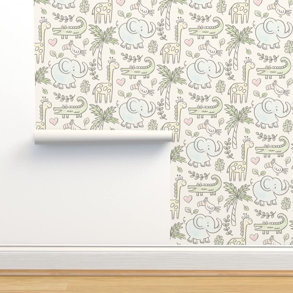 12ft x 2ft Removable Peel & Stick Wallpaper - Safari Jungle Animals with Giraffe Print for Kids Room, Nursery & Playroom Decor | Neutral Custom Wallpaper by Spoonflower