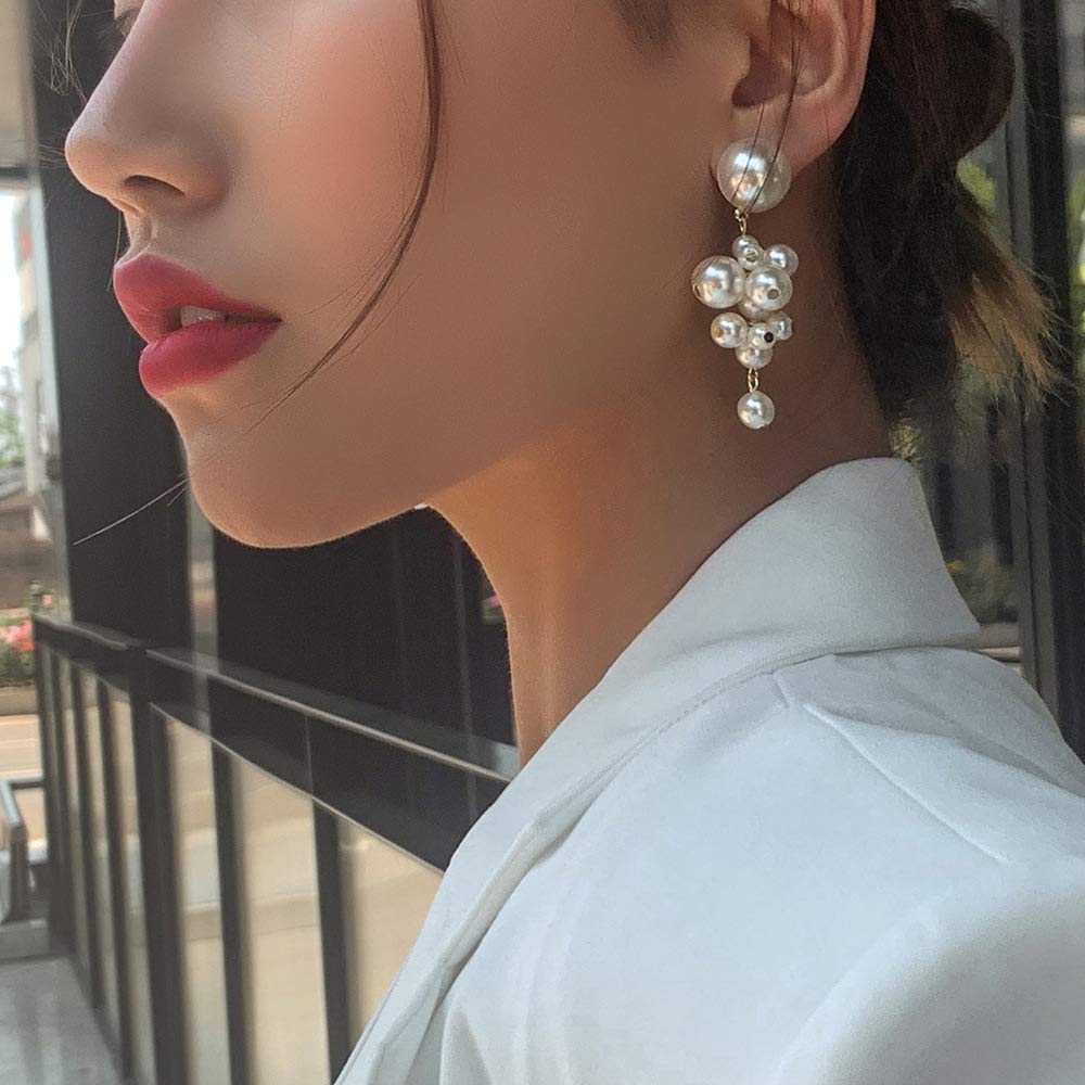 Xerling Charm Pearl Earrings for Women - Elegant Dangle Hoop Earrings with Pearl Cluster, Drop Stud Earrings Jewelry for Wedding, Party & Daily Wear