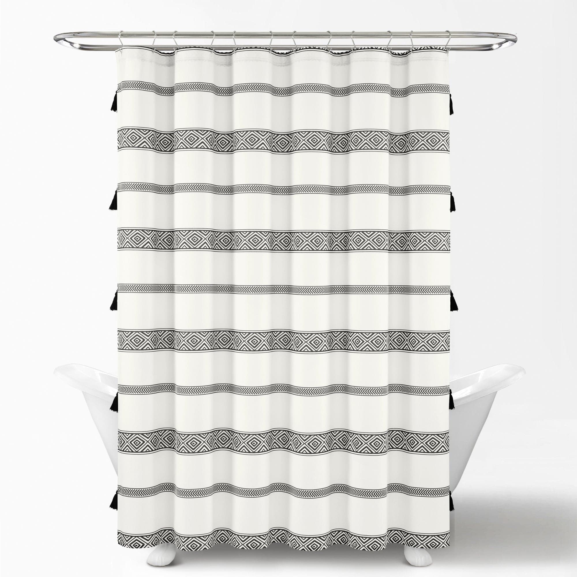 Boho Stripe Tassel Shower Curtain - Handmade Yarn Dyed Recycled Cotton Bathroom Decor for Boho, Farmhouse & Coastal Style Homes - Perfect for Bathrooms, Guest Rooms & Beach Houses