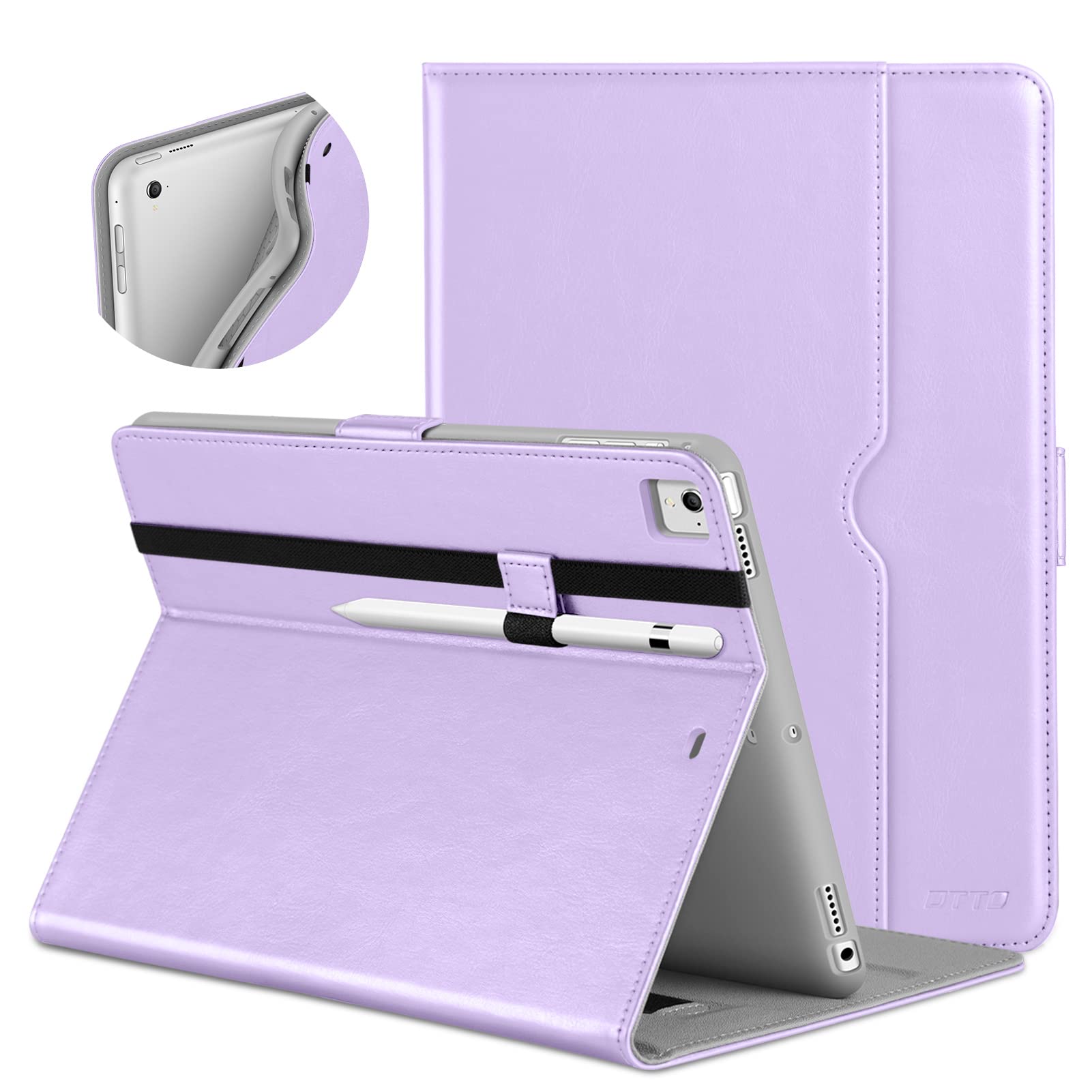 Premium Leather Folio Stand Cover Case for iPad 9.7 Inch (5th/6th Gen 2018/2017 & iPad Pro 9.7/Air 2/Air) with Apple Pencil Holder - Lavender | Slim Protective iPad Case for Work, School & Travel