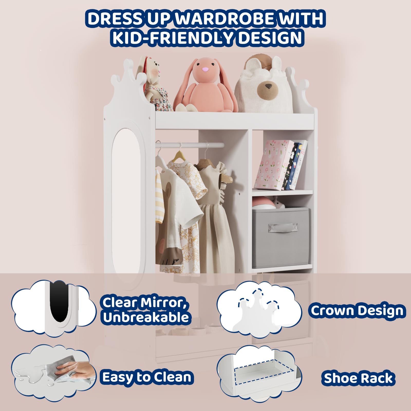 KIDINIX Kids Wardrobe with Mirror - White Open Dress Up Storage Armoire with 3-Tier Shelf, 2 Fabric Bins & Shoe Rack - Perfect for Organizing Coats, Dance Costumes, Hats & Shoes in Bedroom or Playroom