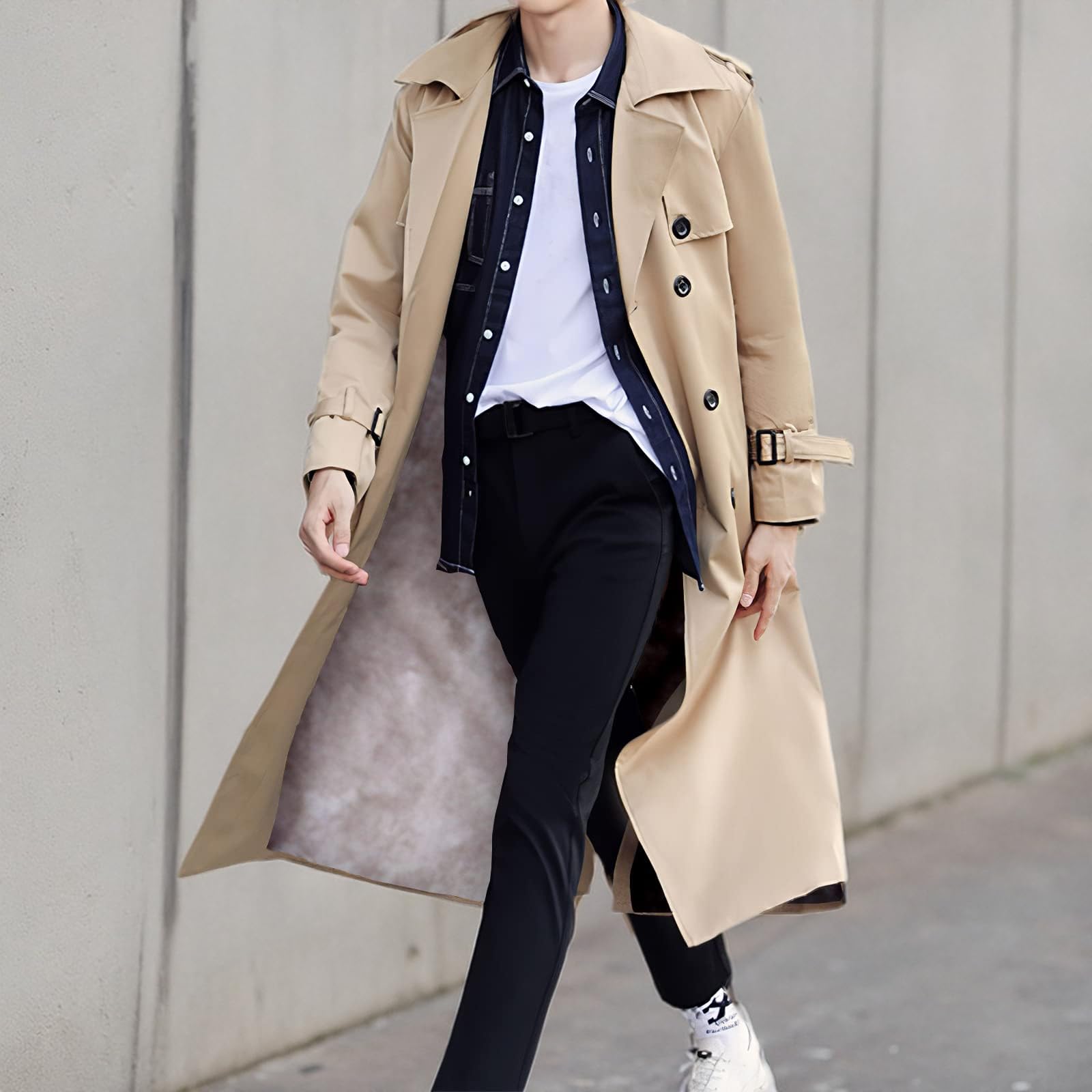Men's Double Breasted Trench Coat - Oversized Casual Windbreaker with Lapel - Long Jacket Overcoat for Fall & Winter | Perfect for Office, Dating & Outdoor Activities