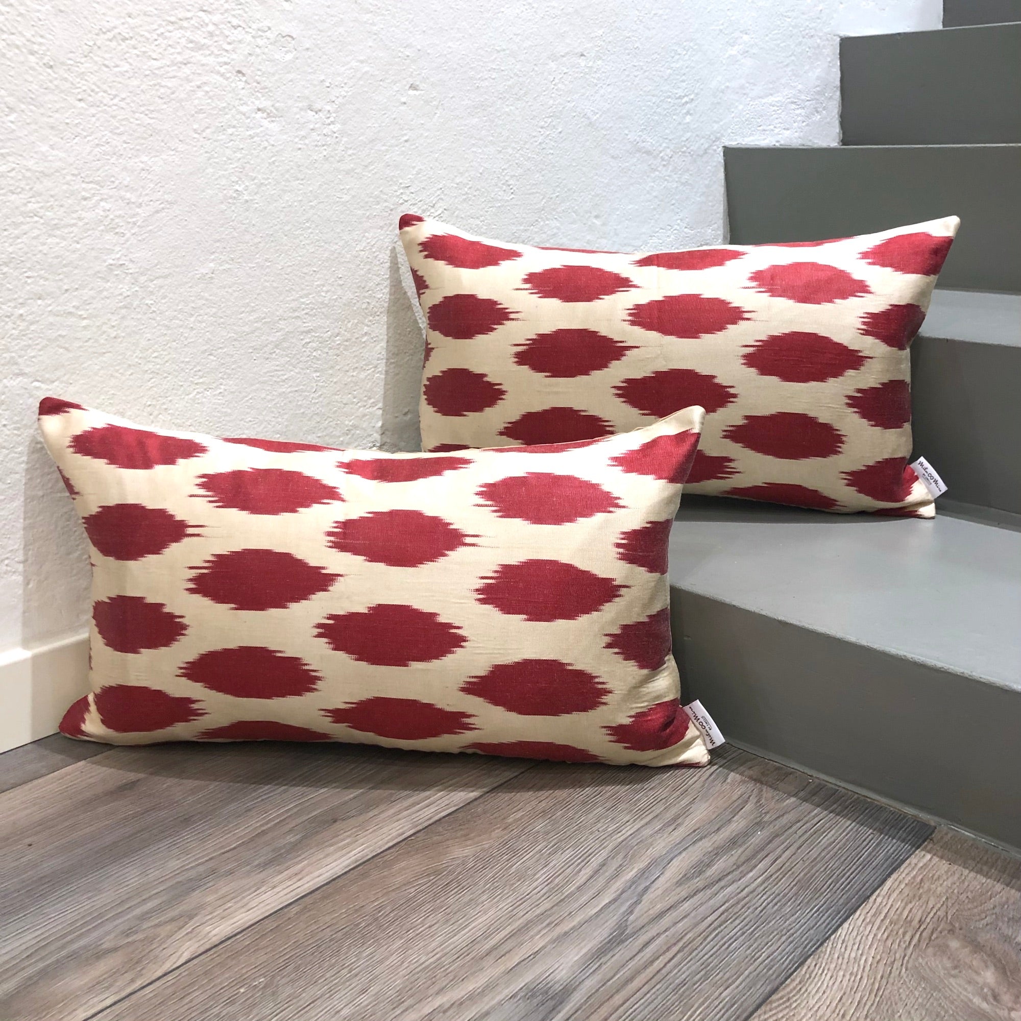 Red Silk Ikat Cushion Cover with Dots Pattern - Luxury Bohemian Throw Pillow for Sofa, Bed & Home Decor