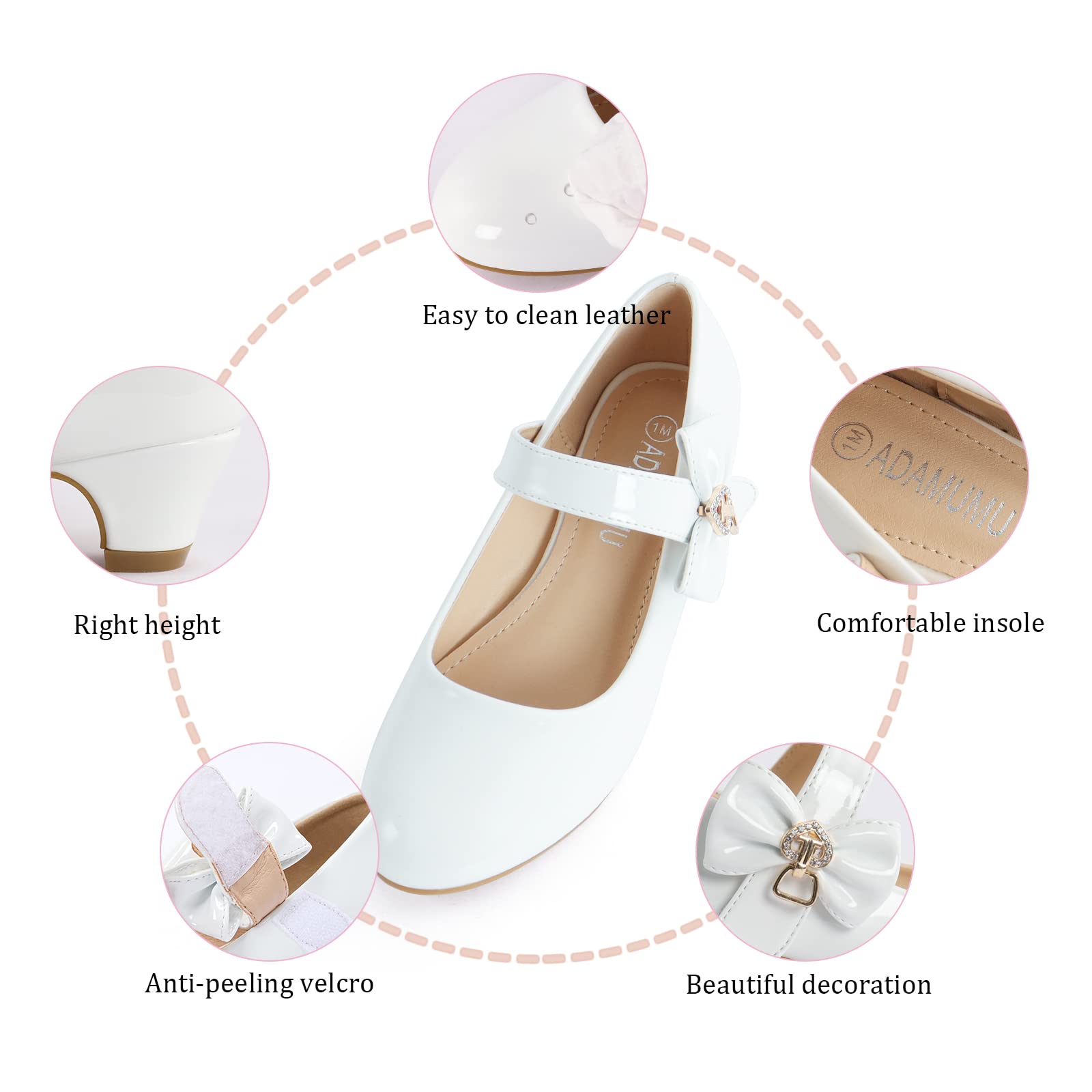 ADAMUMU Girls Low Heel Dress Shoes for Wedding - PU Leather Comfortable Party Shoes for Little & Big Kids - Perfect for Flower Girl, Pageant, and Special Occasions