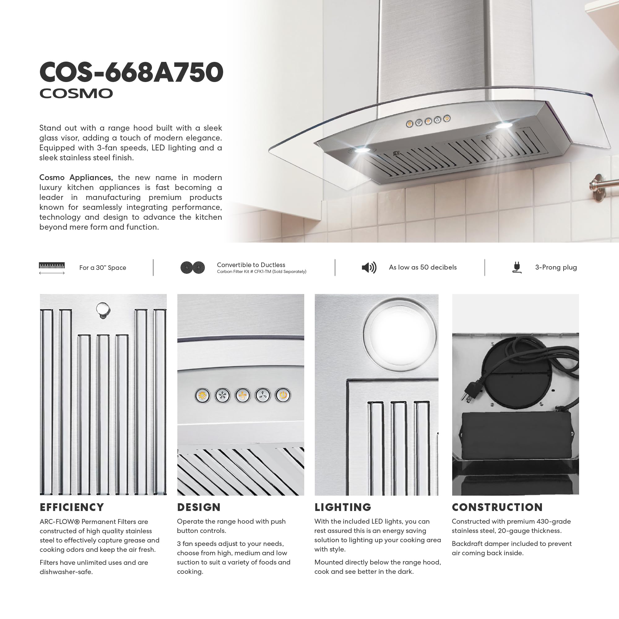 COSMO COS-668A750 30-inch Stainless Steel Wall Mount Range Hood - 380 CFM Ducted Ventilation with LED Lights & Button Controls | Perfect for Kitchen Remodeling & Cooking Ventilation