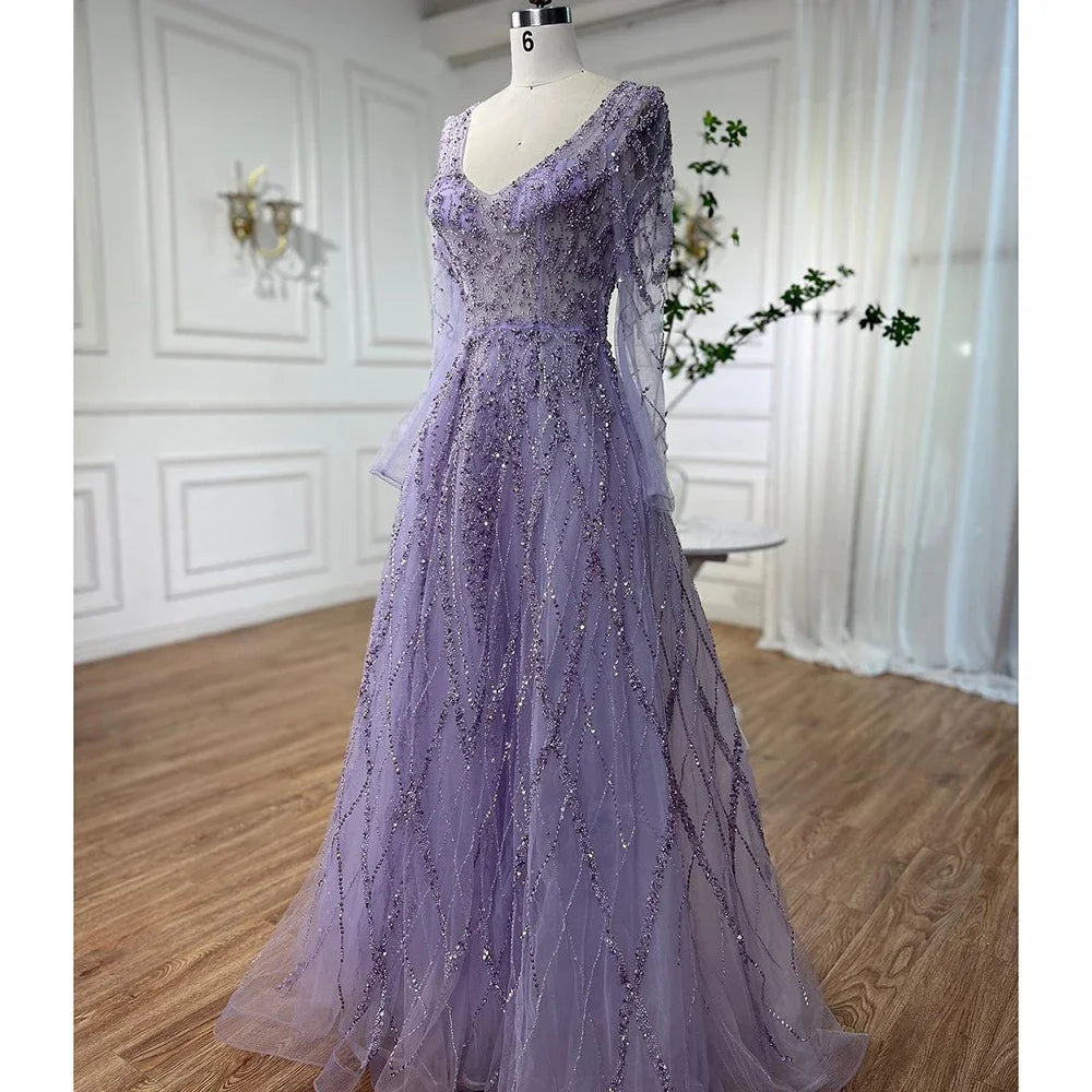 Serene Hill Arabic Turquoise A-Line Sweetheart Long Sleeves Beaded Evening Gown for Women - Formal Party, Prom, Wedding Guest Dress 2025 LA71793