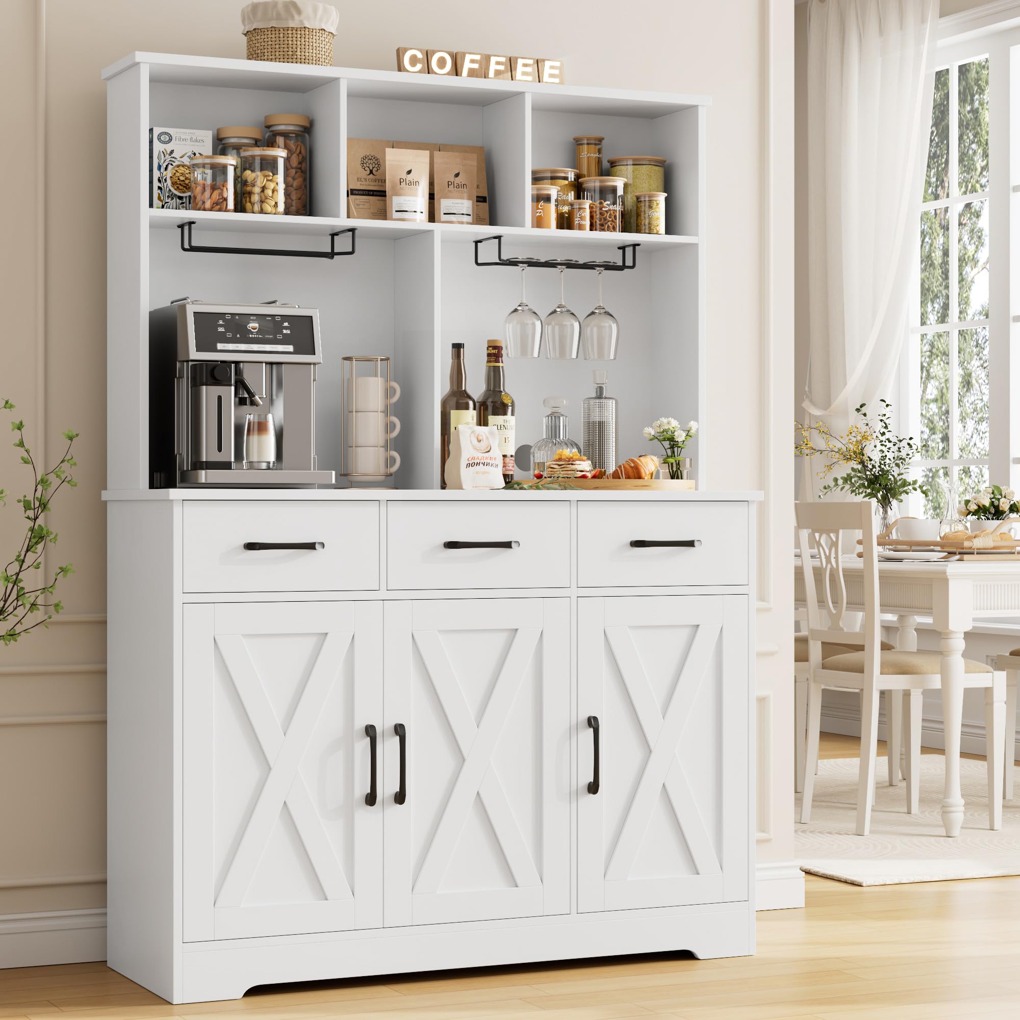 Modern Farmhouse Buffet Cabinet with Hutch - White Kitchen Sideboard Storage with 3 Drawers & Barn Door - Coffee Bar Station & Liquor Cabinet for Dining Room, Living Room - Perfect for Entertaining & Home Decor