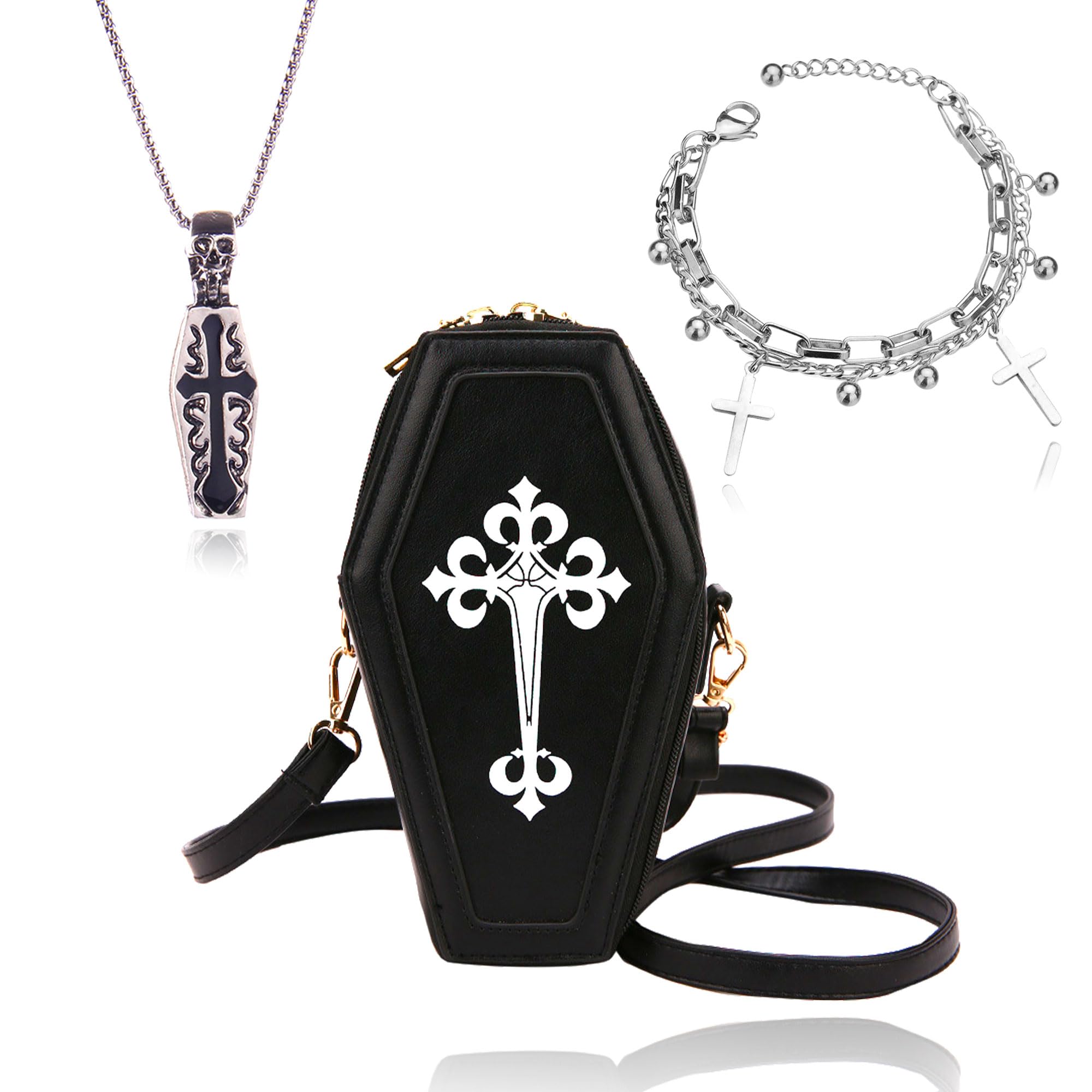 JeVenis Gothic Coffin Crossbody Bag - Stylish Novelty Purse for Women, Goth Shoulder Bag with Unique Design - Perfect for Halloween, Cosplay, and Alternative Fashion Outfits