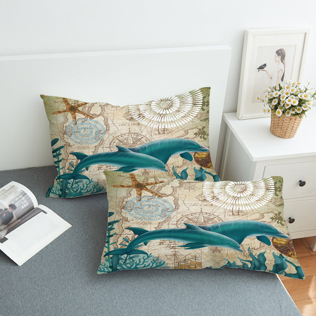 Dolphin Love Pillow Sham - Soft Coral Reef Themed Bedding Set for Kids & Teens - Perfect for Ocean-Themed Bedrooms, Beach House Decor, and Marine Life Enthusiasts