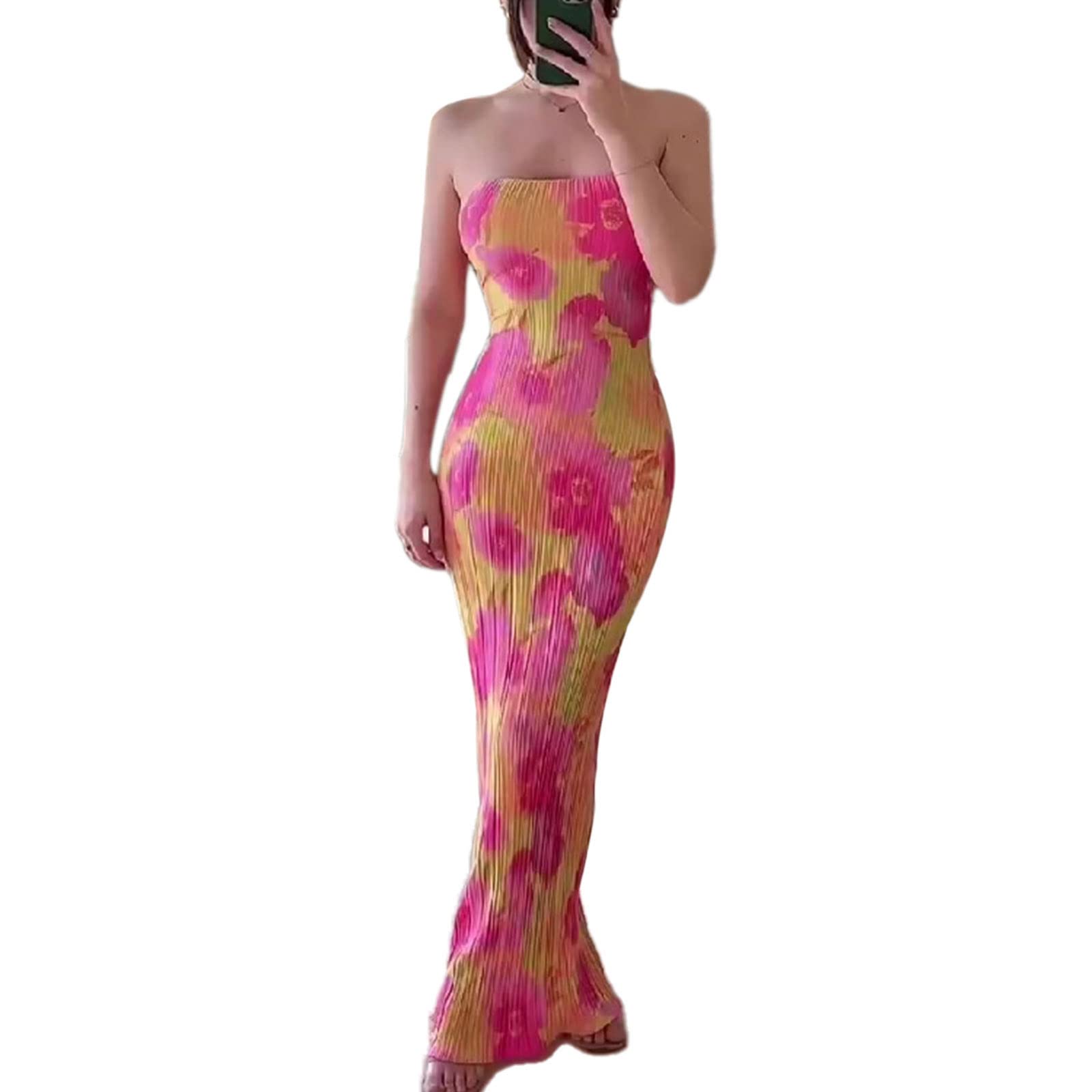 Chloefairy Women's Sexy Pleated Bandeau Maxi Tube Dress - Strapless Backless Slim Fit Floral Summer Bodycon Long Dress for Beach Party, Vacation & Night Out
