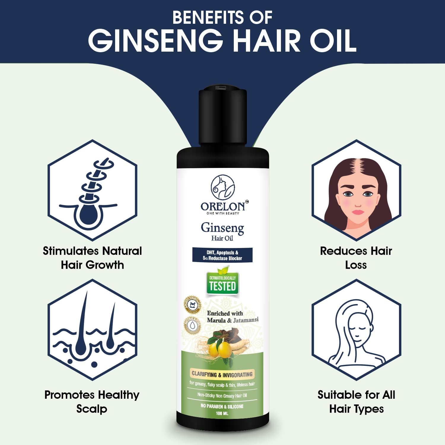 ORELON Ginseng Hair Oil for Hair Fall Control & Regrowth | Natural DHT Blocker with Rosemary & Bhringraj Oil | Promotes Thicker, Healthier Hair for Women & Men (100ml) | Perfect for Daily Scalp Massage & Hair Care Routine