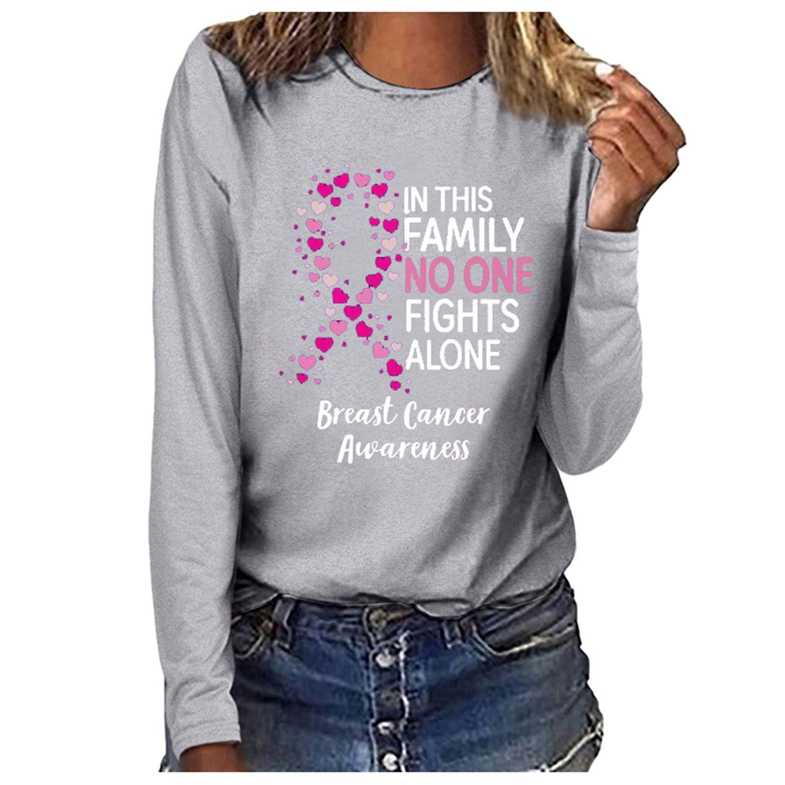 Oelaio Women's Breast Cancer Awareness Long Sleeve Pullover Sweatshirt - Pink Ribbon Print Survivor Tops for Fall & Winter | Comfortable Casual Wear for Charity Events, Fundraisers and Daily Support