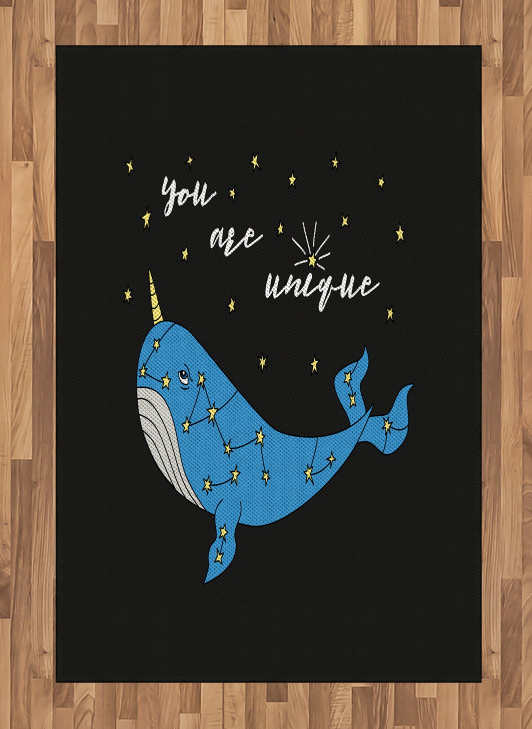 Ambesonne Narwhal Area Rug - Hand Drawn Cartoon Star Pattern with Inspirational Words, Non-Slip Flat Woven Accent Rug 4'x5'7