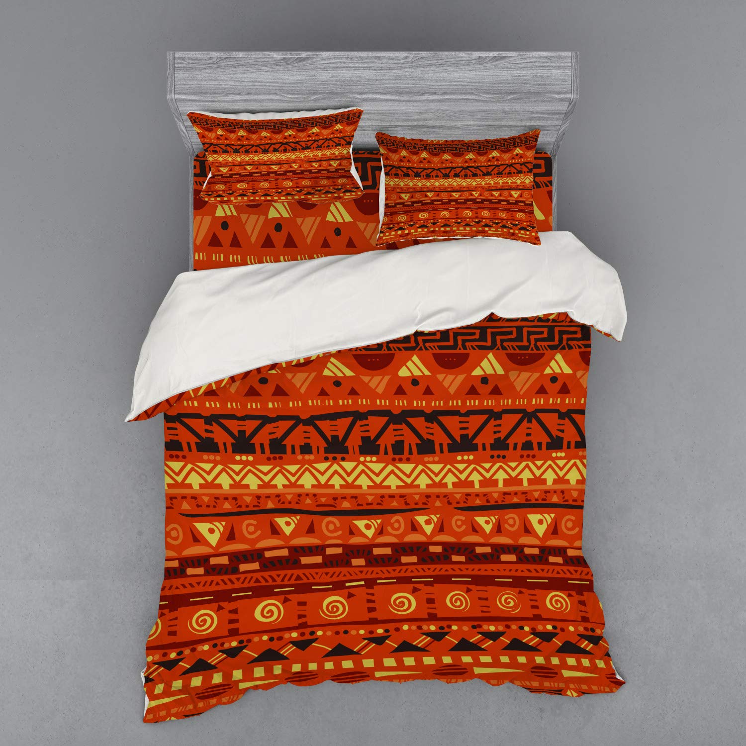 Ambesonne Tribal Duvet Cover Set - Queen Size 4-Piece Bedding with 2 Pillow Shams & Fitted Sheet, Antique Folkloric Geometric Pattern in Orange & Yellow | Bohemian Bedroom Decor, Guest Room Upgrade, Cozy Home Textiles