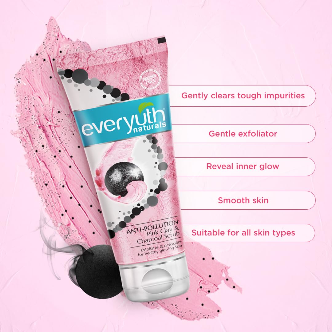 Everyuth Naturals Anti-Pollution Pink Clay & Charcoal Face Scrub 50g - Deep Cleansing & Exfoliating for Glowing Skin - Perfect for Daily Skincare Routine & Pollution Protection