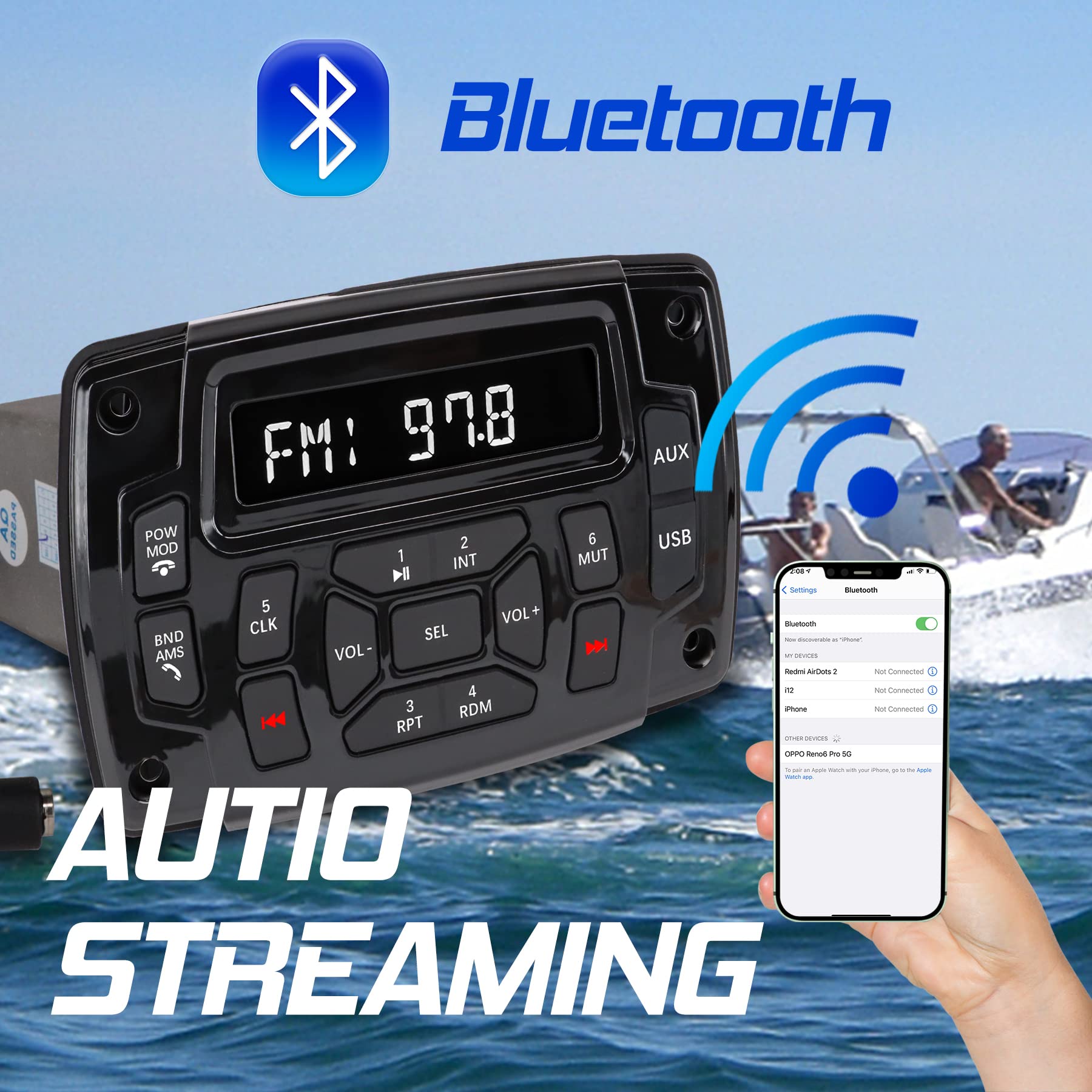 Waterproof Marine Stereo Bluetooth Receiver with AM/FM Radio, MP3 Player & USB Input - Boat Audio System for Cars, Trucks & Watercrafts | Perfect for Boating, Fishing & Outdoor Adventures