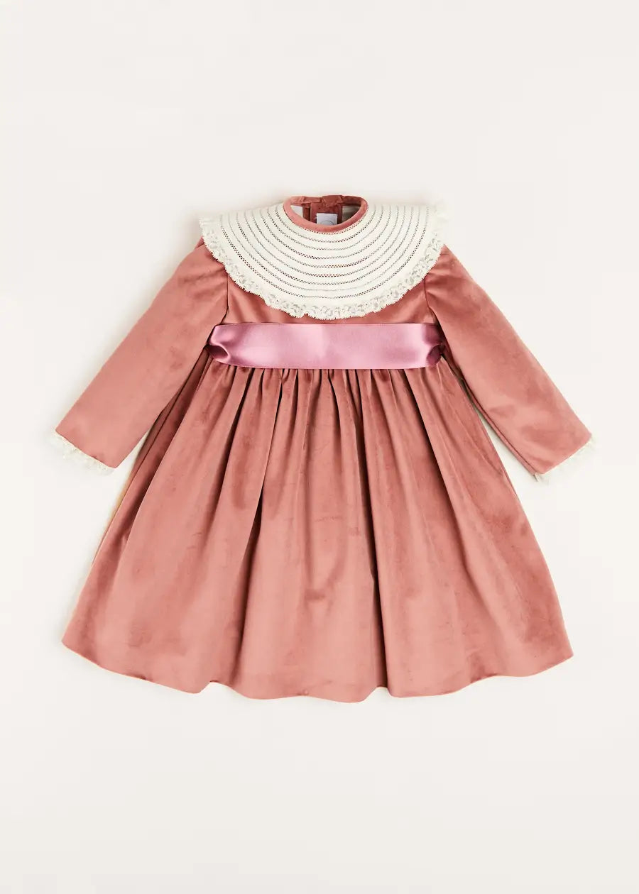 Velvet Handmade Collar Long Sleeve Dress for Girls 2-10 Years | Elegant Pink Party Dress for Birthday, Christmas & Special Occasions