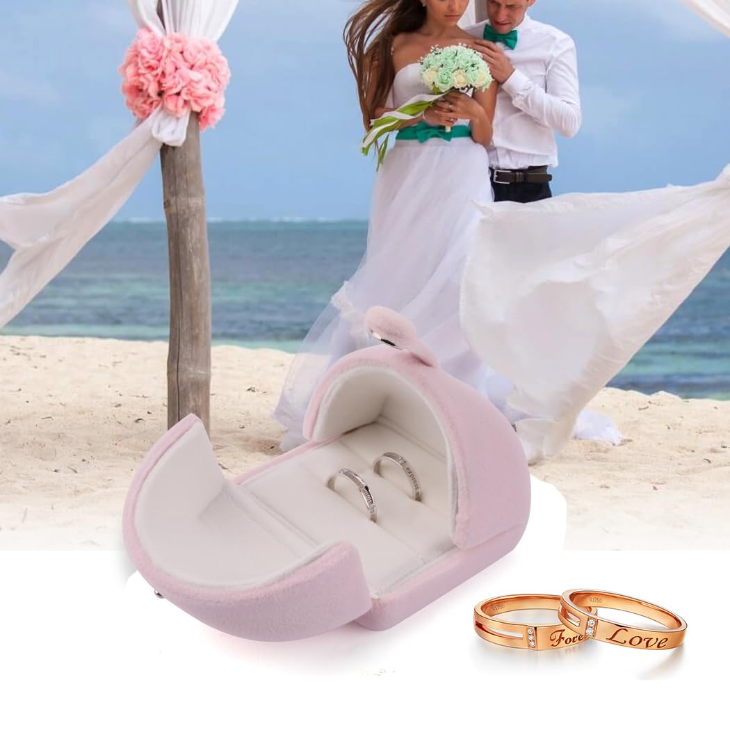 iSuperb Pink Velvet Double Ring Box - Wedding Jewelry Gift Box for Engagement Rings, Anniversary & Proposal - Perfect for Couples' Special Moments (Elegant Ring Storage & Presentation)