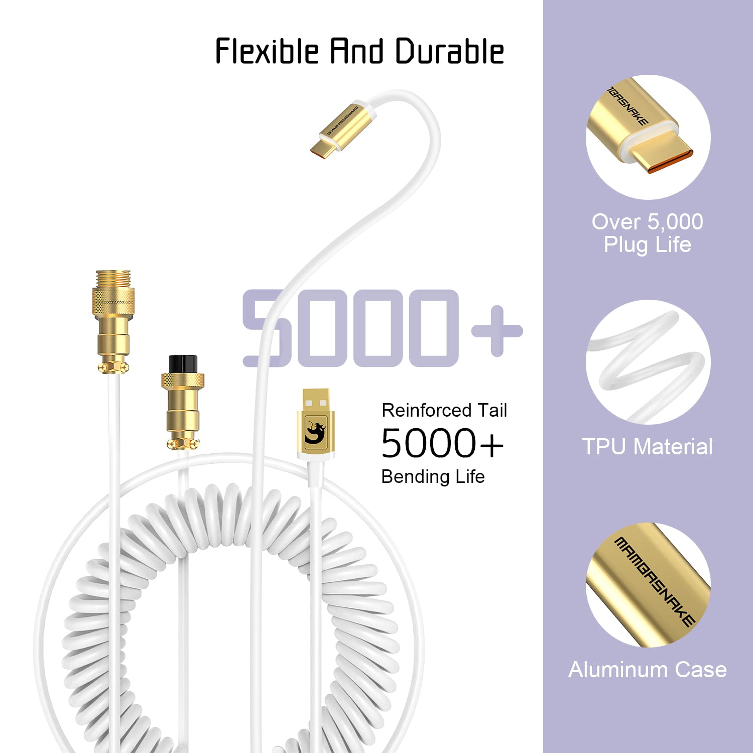 XINMENG C02 Coiled USB-C Keyboard Cable - Detachable Aviator Connector for Gaming Keyboard & Laptop (White)