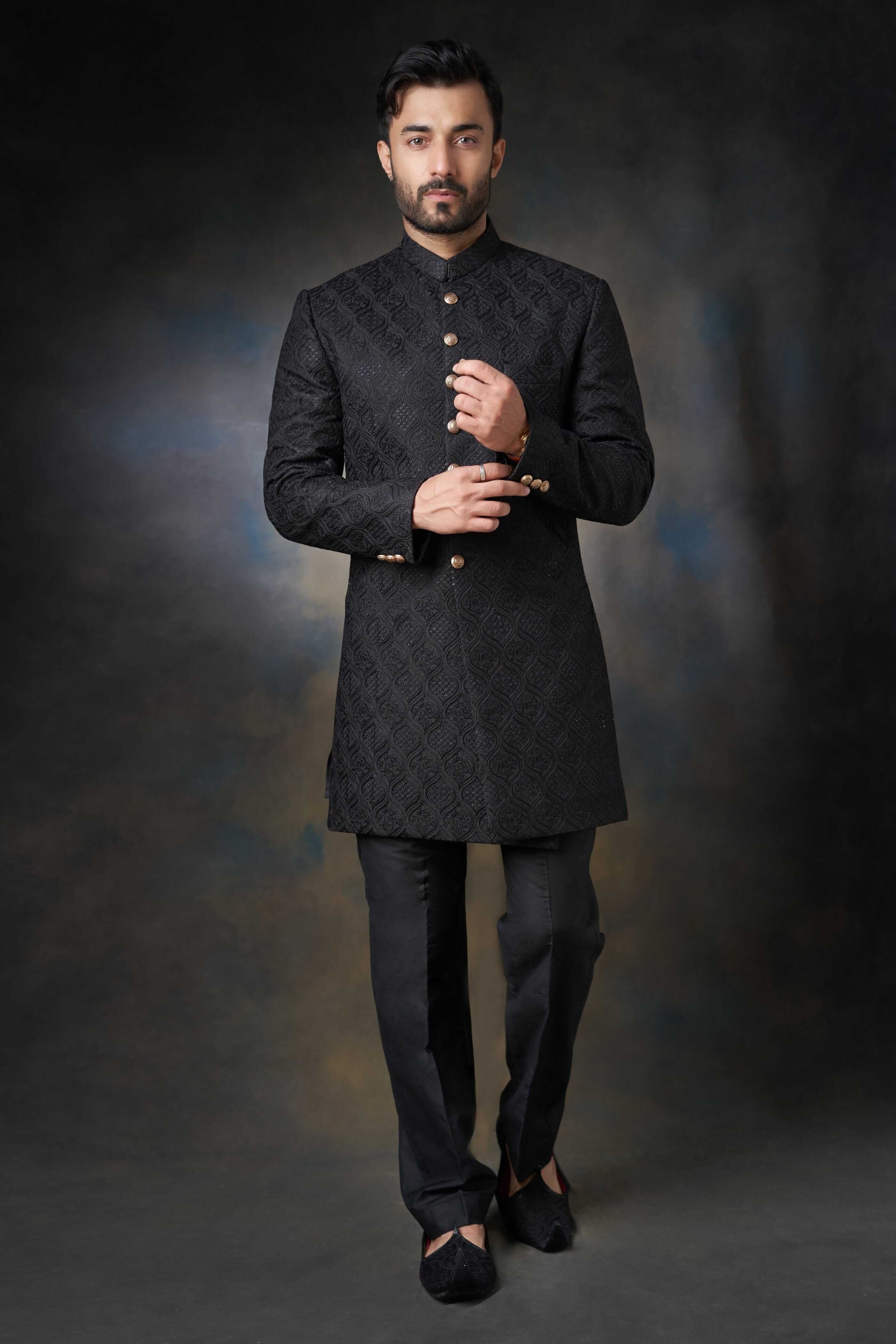 Jet Black Persian Gardens Short Sherwani for Men - Elegant Traditional Indian Wedding Attire for Groom & Groomsmen - Perfect for Weddings, Festivals & Special Occasions