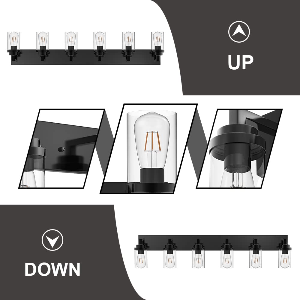 MELUCEE 6-Light Modern Black Vanity Lights with Clear Glass Shade - Industrial Wall Mount Bathroom Lighting Fixture for Mirror, Powder Room, Kitchen & Living Room | Perfect for Makeup Vanity, Dressing Area & Home Decor