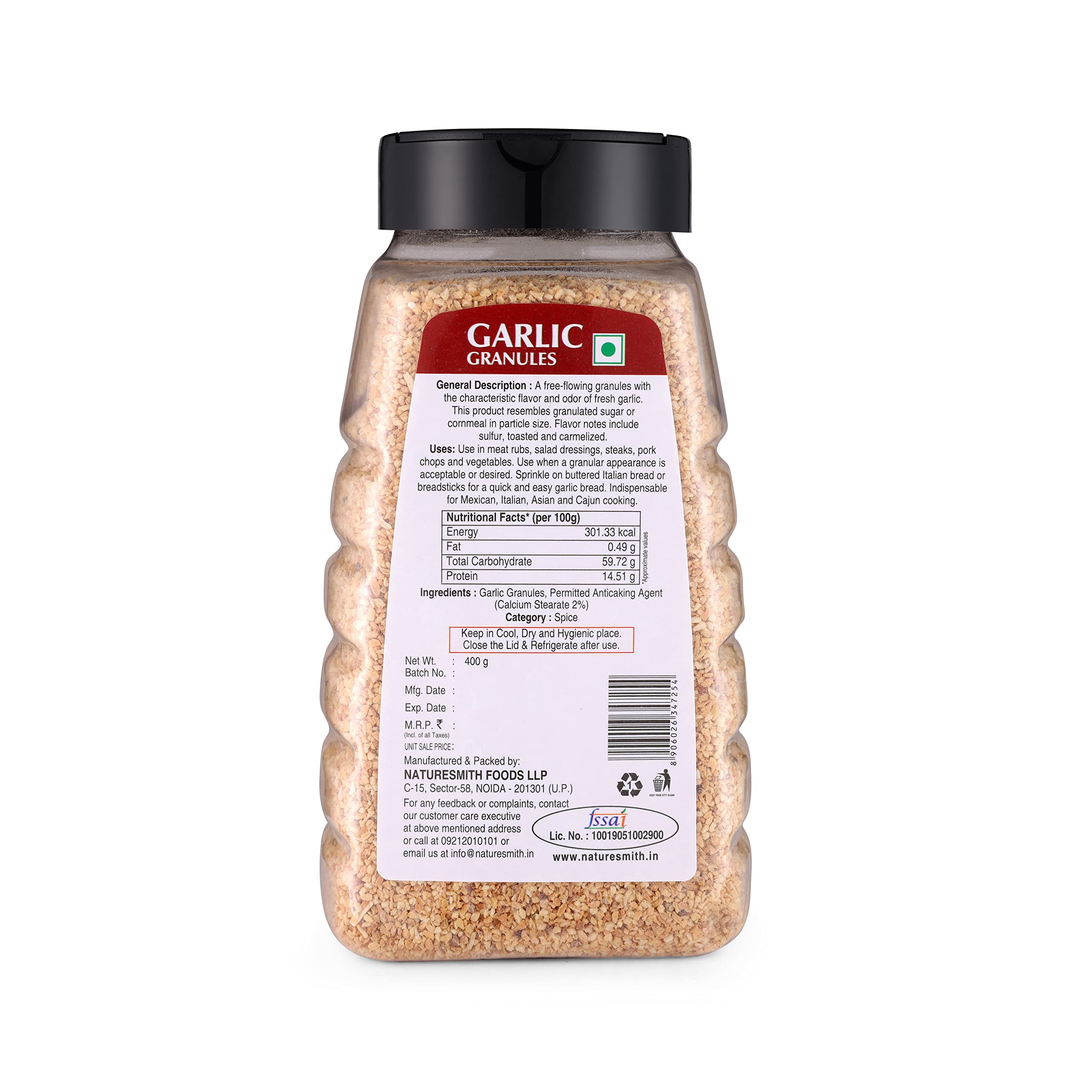 Nature Smith Garlic Granules - 400g (14.1 oz) | Premium Quality, Ready-to-Use Garlic Seasoning for Cooking, Baking & Meal Prep | Large Glass Jar | Vegan, Non-GMO, Gluten-Free | Perfect for Soups, Sauces, Marinades & Homemade Spice Blends