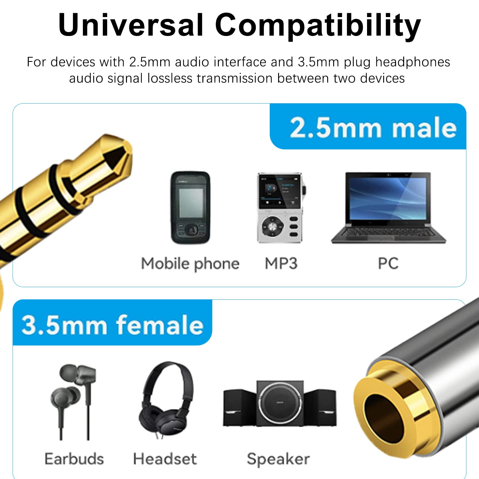 2.5mm Male to 3.5mm Female Headphone Adapter - 24K Gold Plated Audio Jack Converter for Stereo/Mono (2 Pack) - Perfect for Smartphones, Laptops, Headphones & Audio Equipment