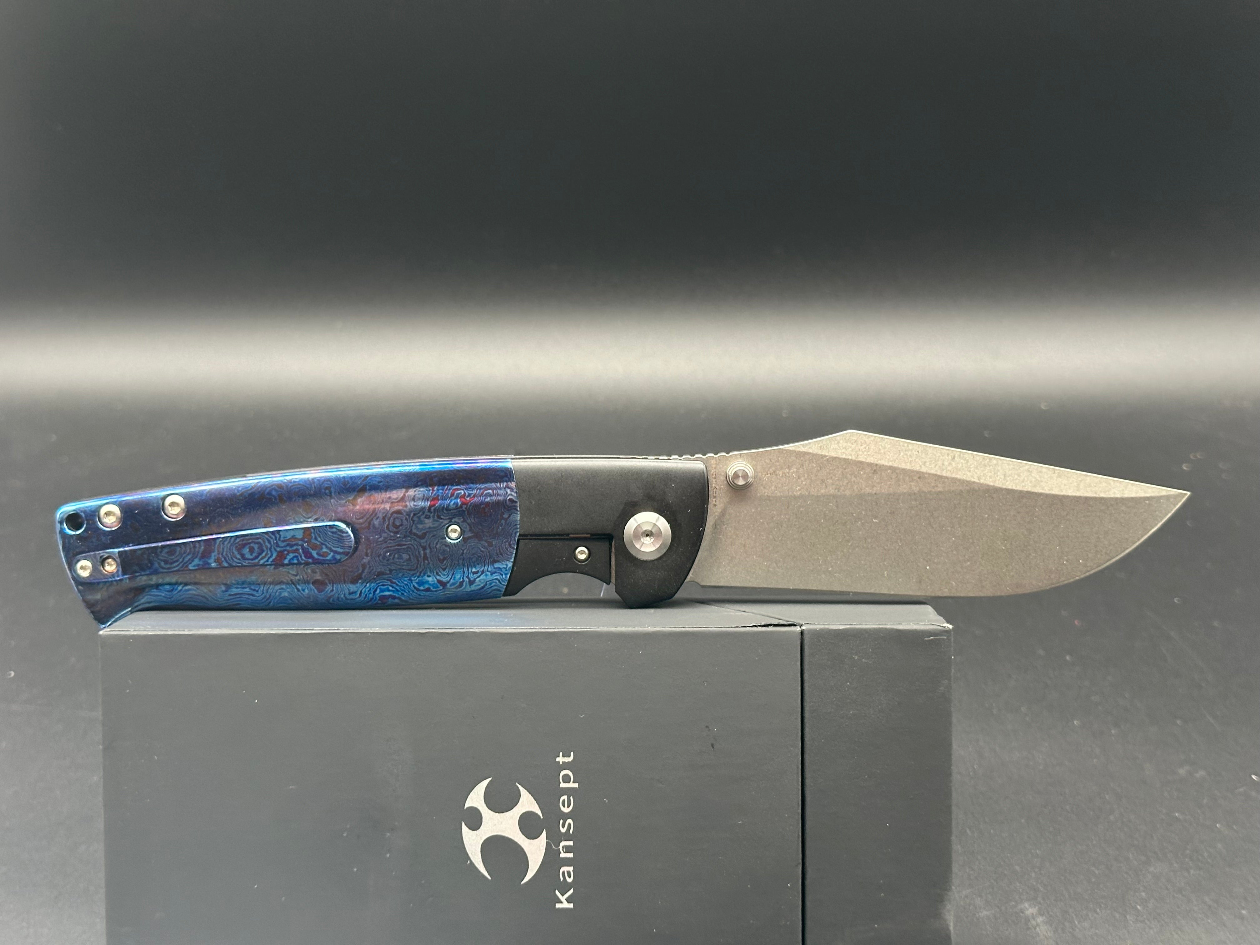 KANSEPT SHIKARI Folding Knife - Black Titanium & Timascus Handle, 20CV Steel Plain Edge (Model K1027A5) | EDC, Outdoor Survival, Camping & Everyday Carry