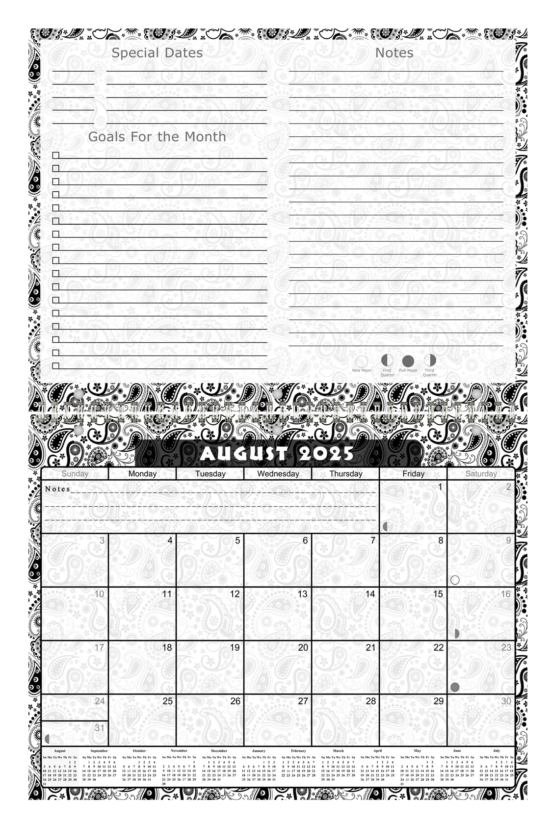 2025-2026 Academic Year 12-Month Wall & Desk Student Planner with 3-Ring Binder - School, Teacher & Student Organizer (Black & White Paisley Design) - Perfect for Classroom, Home Office & Study Planning