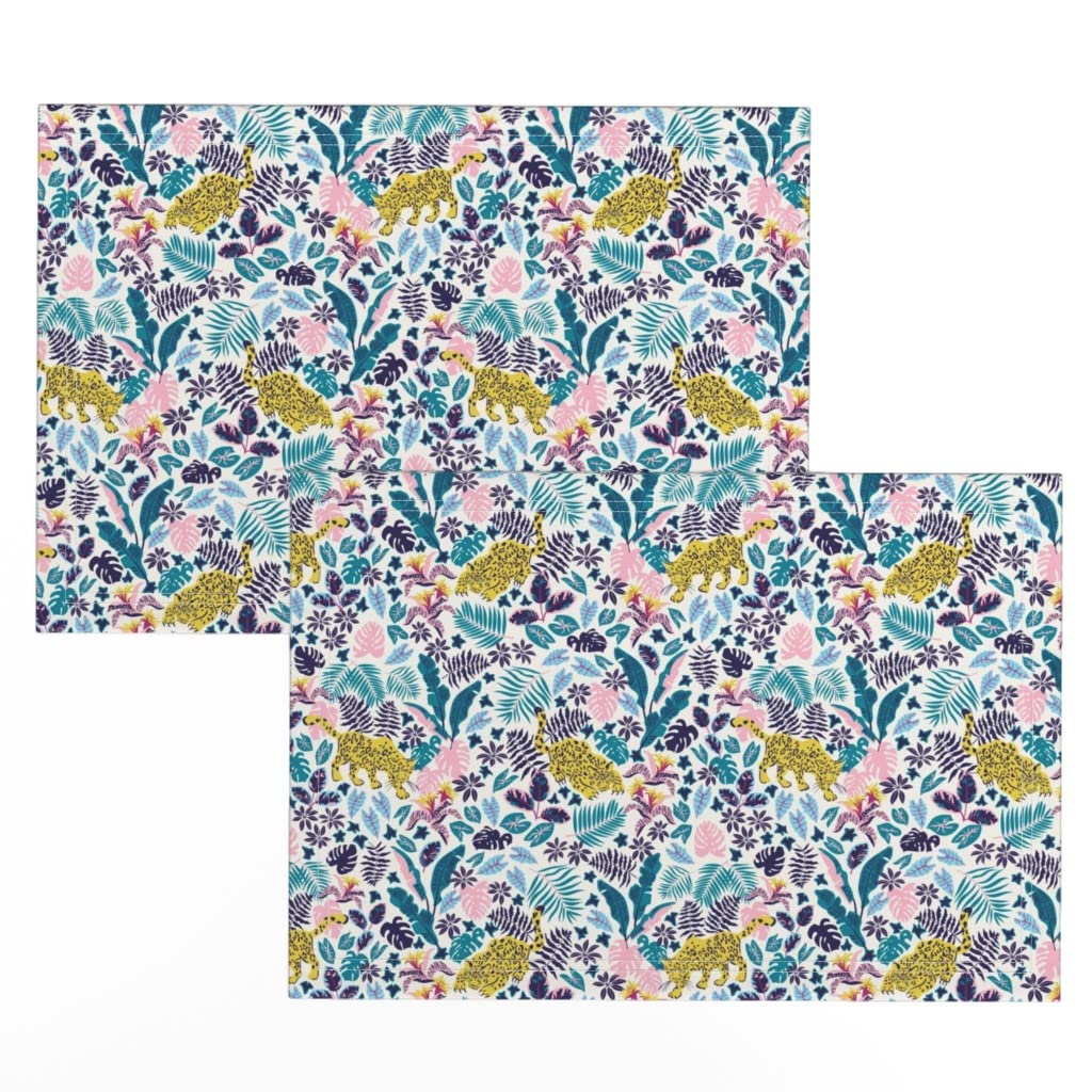 Premium Linen Cotton Canvas Placemats Set of 2 - Tropical Rainforest Jaguar & Floral Leaves Print - Eco-Friendly Table Decor for Dining, Kitchen, and Party Settings