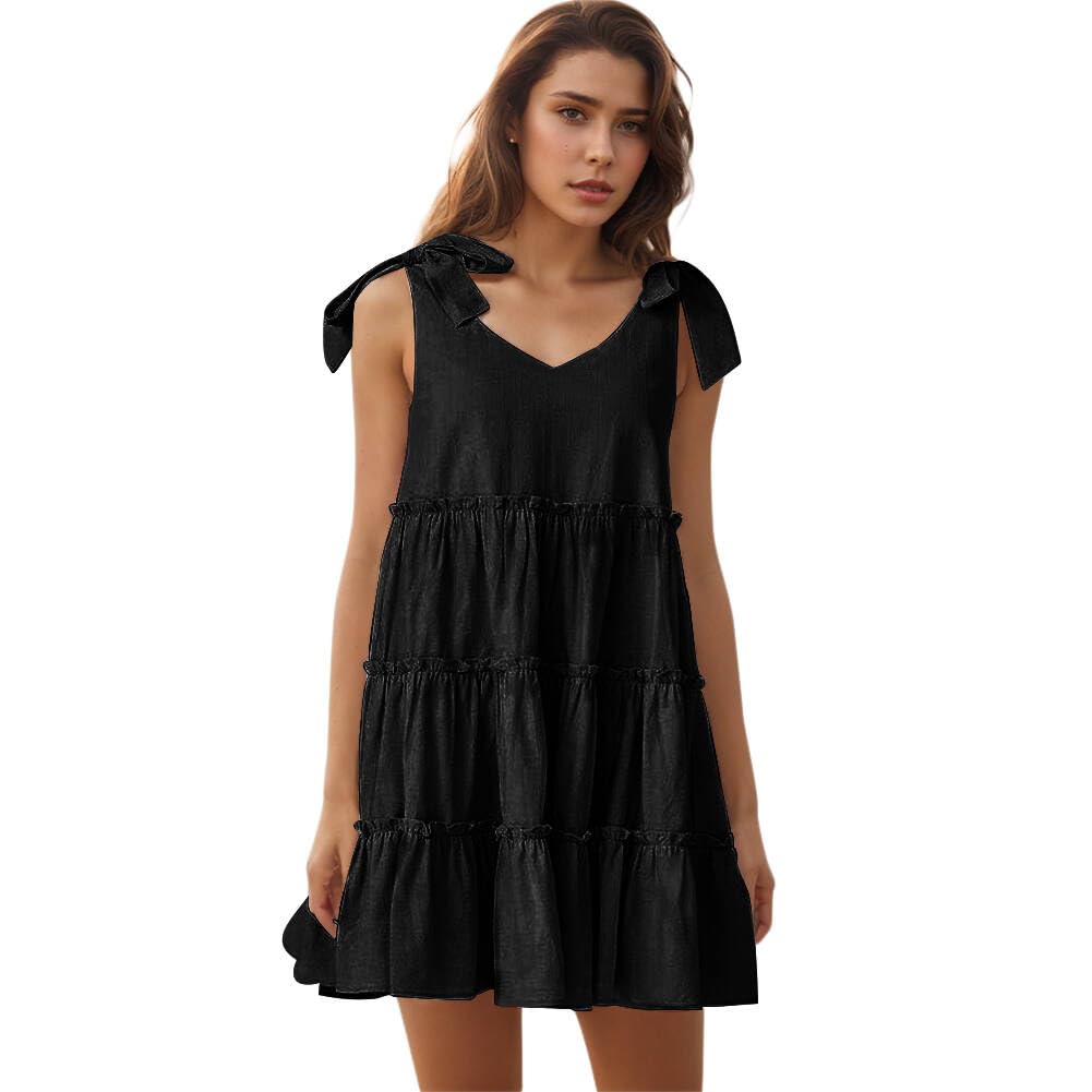 2025 Women's Summer Flowy Casual Beach Dress - V Neck Sleeveless Mini Sundress with Ruffles | Perfect for Vacations, Pool Parties & Summer Outings