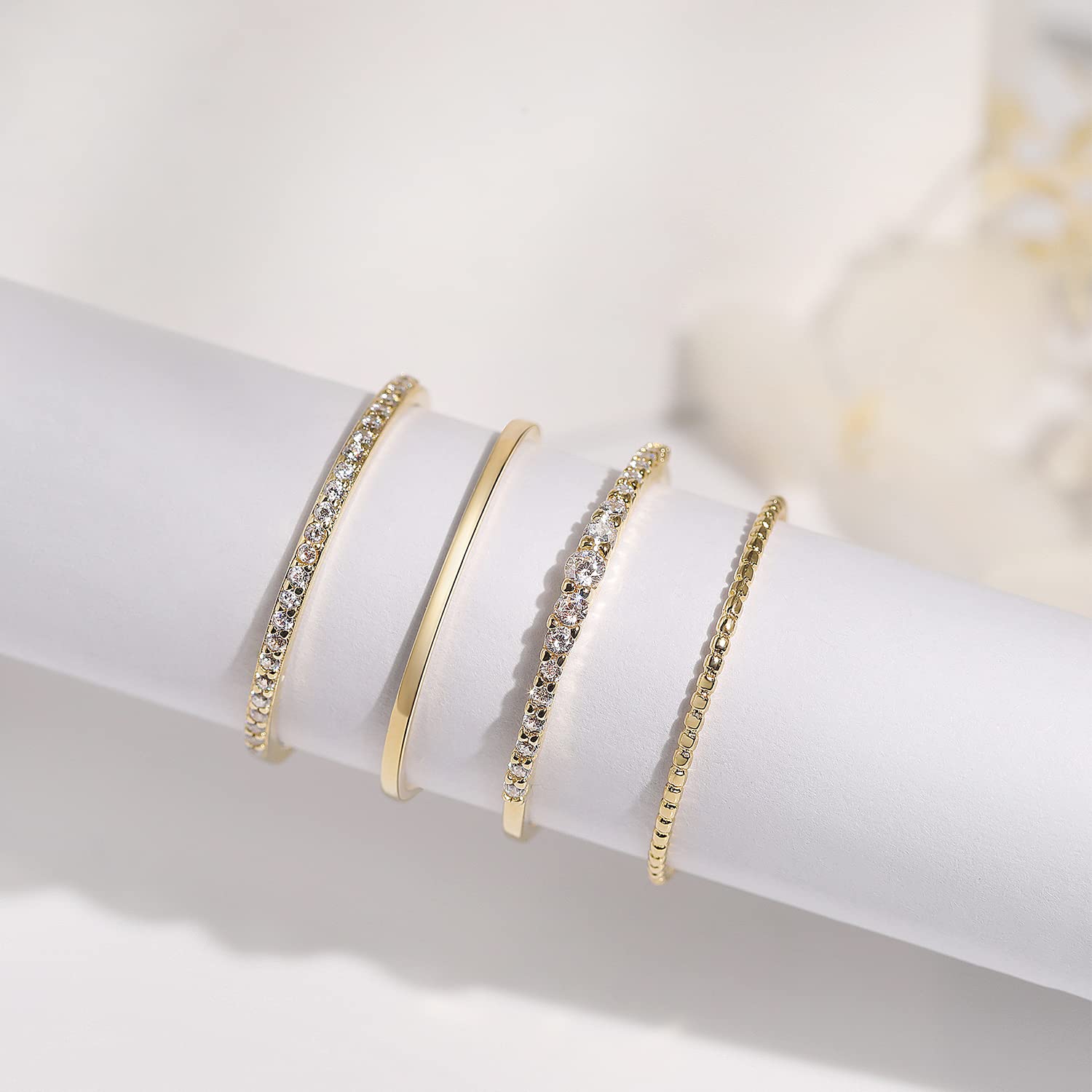 4-Piece Stackable Silver & Gold Rings Set for Women - Ultra Thin Minimalist Dainty Stacking Rings with Delicate Diamond Accents (Gold, Size 7.5) | Perfect for Layering, Everyday Wear & Special Occasions