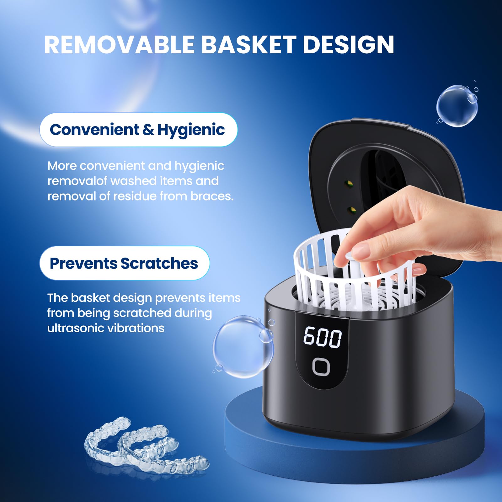 Ultrasonic Retainer Cleaner Machine - 45kHz with 4 Cleaning Modes & Digital Timer, 200ML Capacity for Dentures, Mouth Guards, Braces, Toothbrush Heads & Jewelry (Black) - Perfect for Dental Hygiene & Jewelry Care at Home